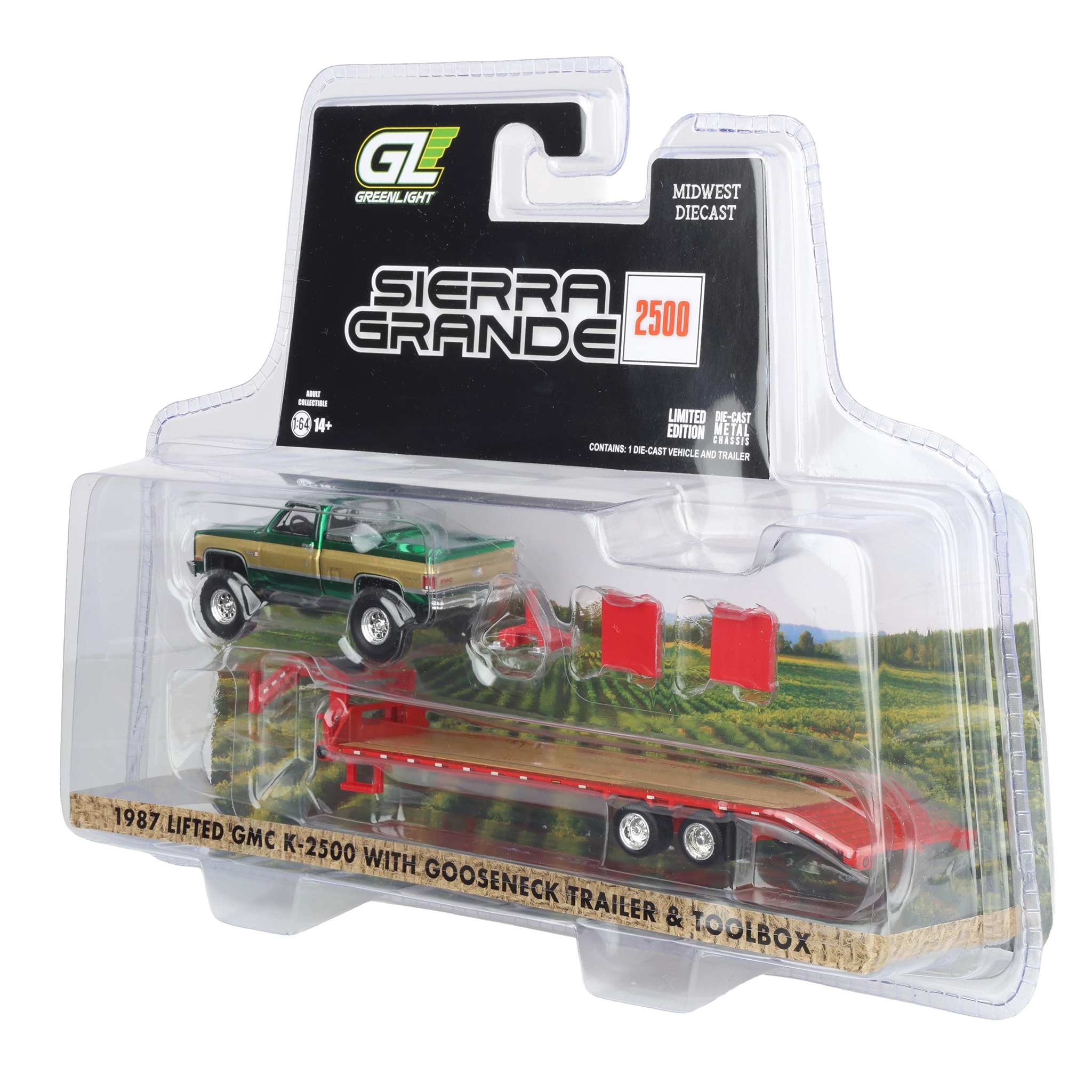 Green Chrome Chase Unit ~ 1/64 Lifted 1987 GMC K2500 Pickup Truck with Toolbox & Gooseneck Flatbed Trailer - Image 3