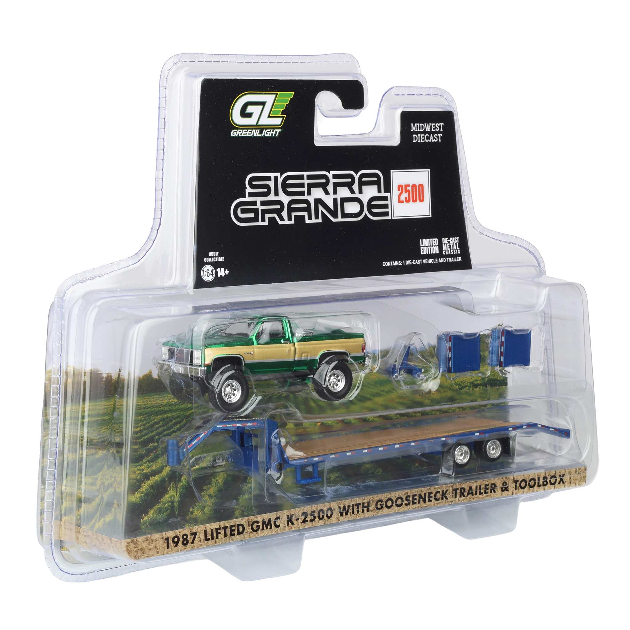 Green Chrome Chase Unit ~ 1/64 Lifted 1987 GMC K2500 Pickup Truck with Toolbox & Gooseneck Flatbed Trailer - Image 2