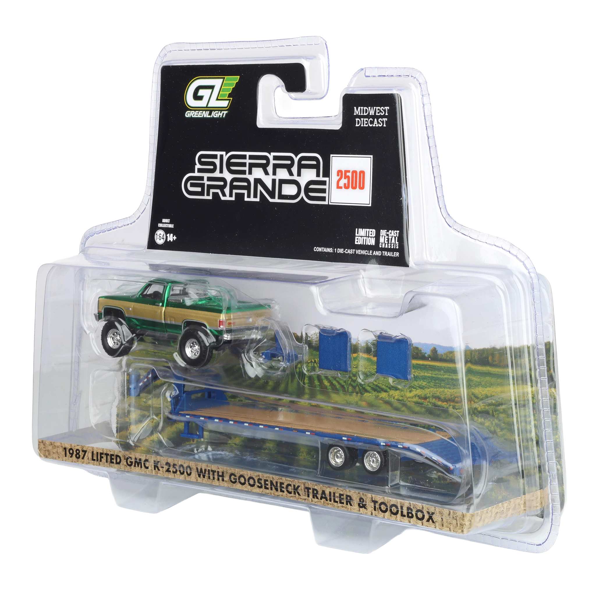 Green Chrome Chase Unit ~ 1/64 Lifted 1987 GMC K2500 Pickup Truck with Toolbox & Gooseneck Flatbed Trailer - Image 3