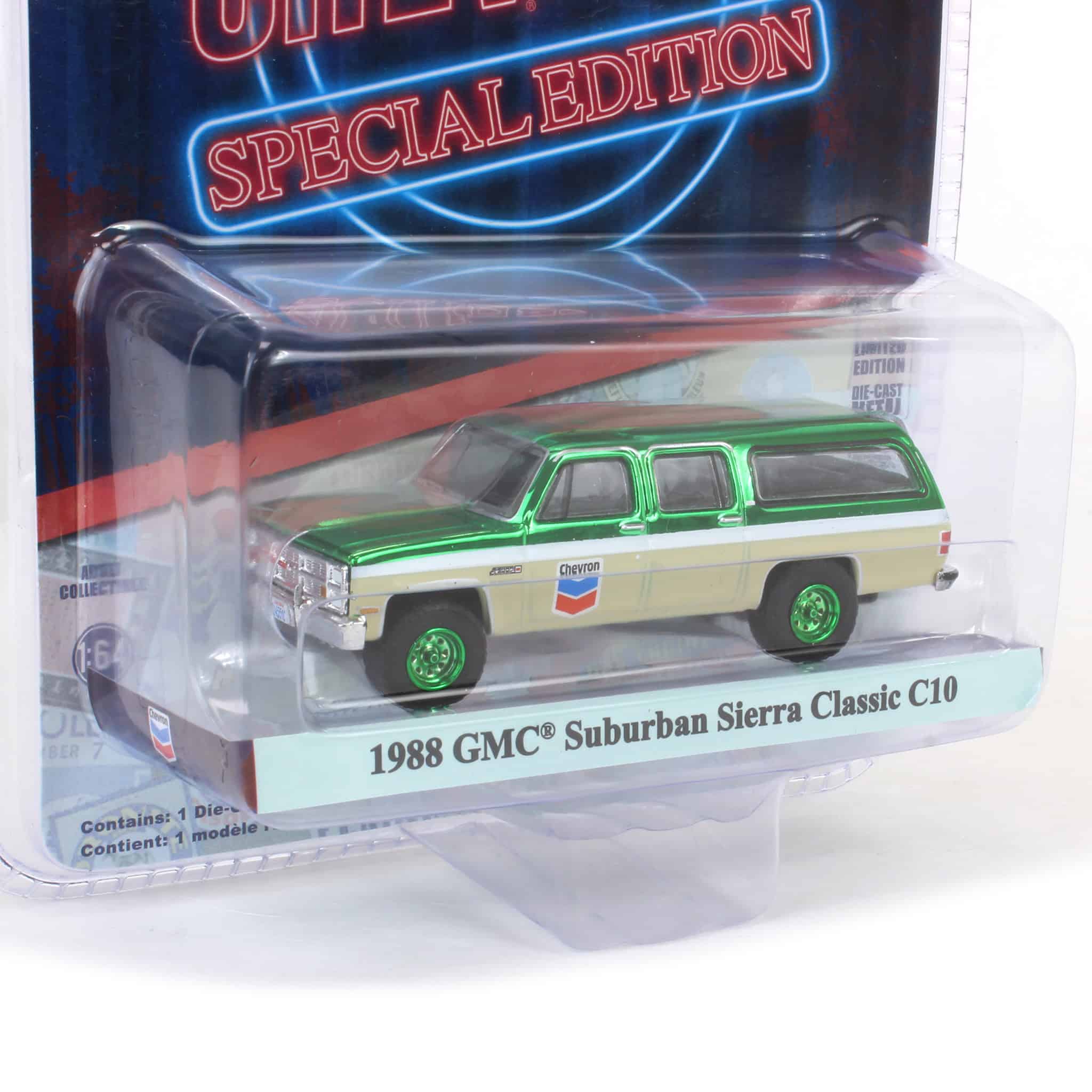 Green Chrome Machine Chase ~ 1/64 1988 GMC Suburban Sierra Classic C10, Chevron Special Edition Series 1 - Image 2