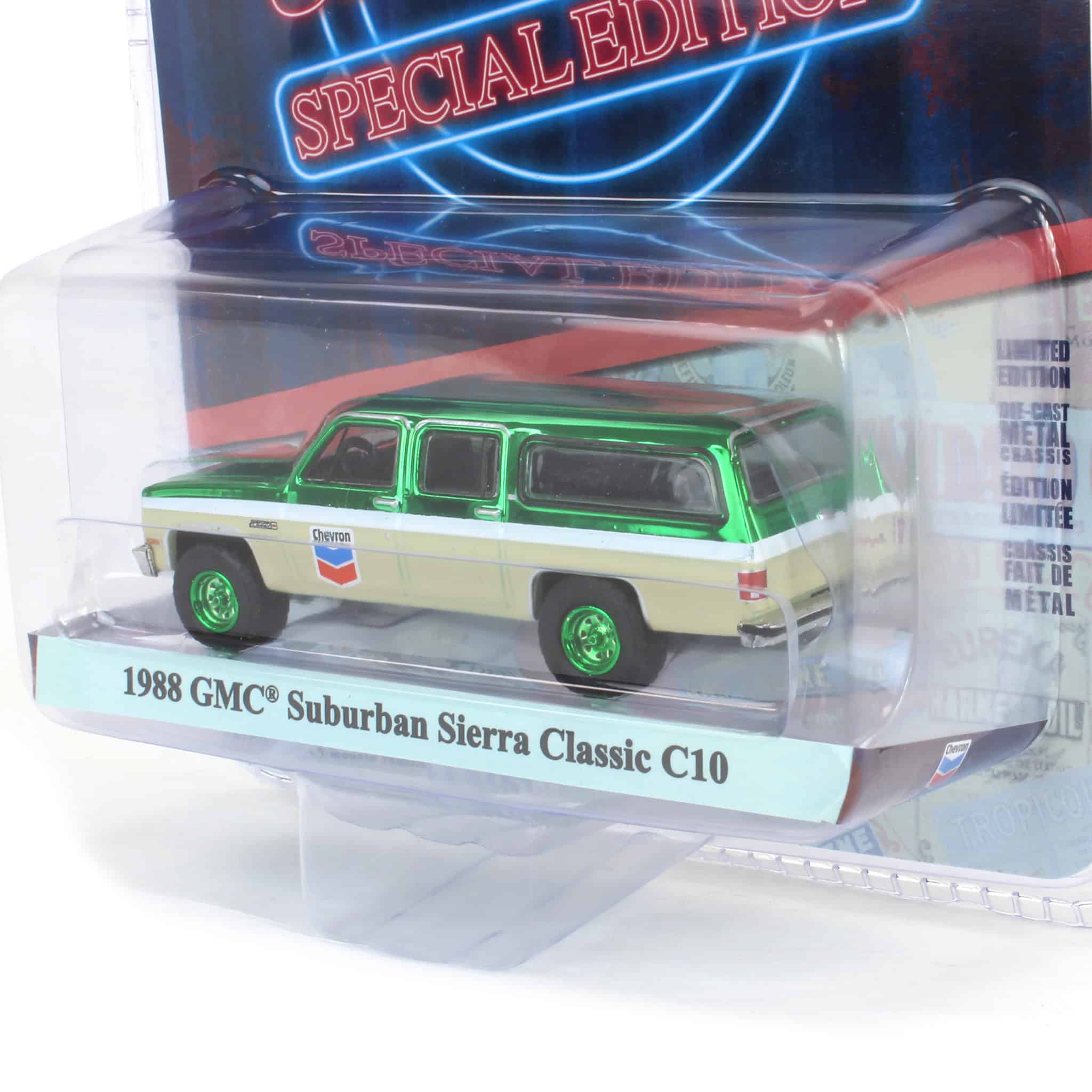 Green Chrome Machine Chase ~ 1/64 1988 GMC Suburban Sierra Classic C10, Chevron Special Edition Series 1 - Image 3