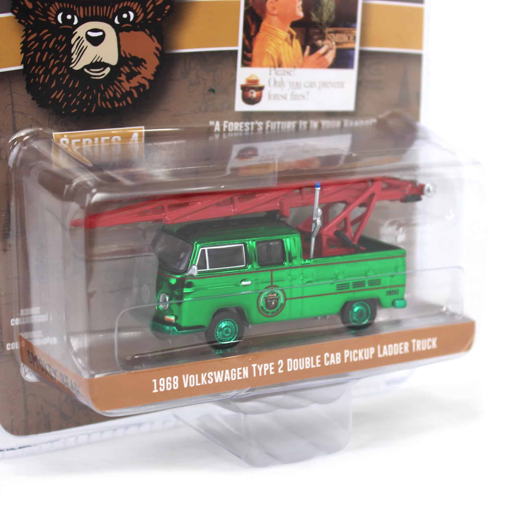 Green Chrome Super Chase ~ 1/64 1968 Volkswagen Type 2 Double Cab Pickup Ladder Truck, Smokey Bear Series 4 - Image 2