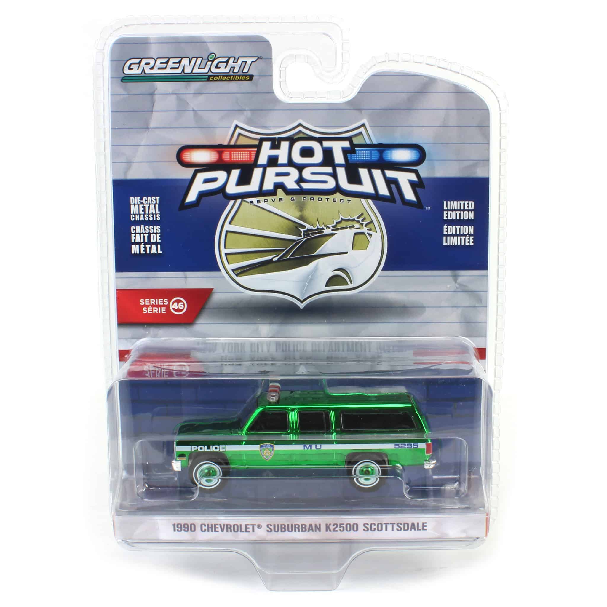 Green Chrome Super Chase ~ 1/64 1990 Chevrolet Suburban K2500 Scottsdale, NYPD, Hot Pursuit Series 46