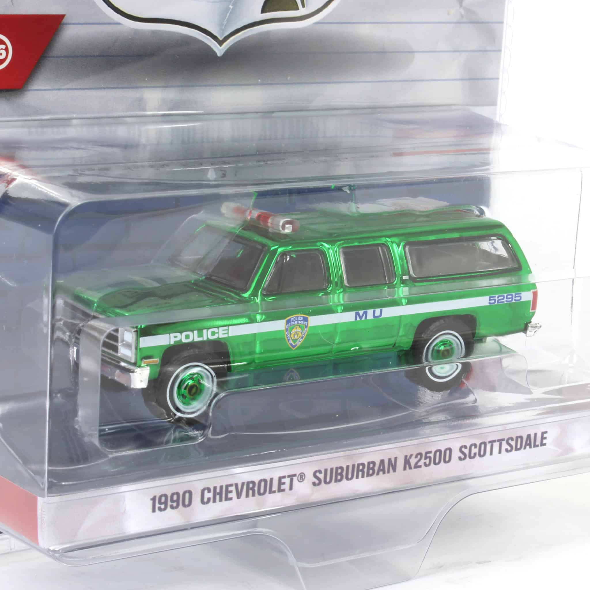 Green Chrome Super Chase ~ 1/64 1990 Chevrolet Suburban K2500 Scottsdale, NYPD, Hot Pursuit Series 46 - Image 2