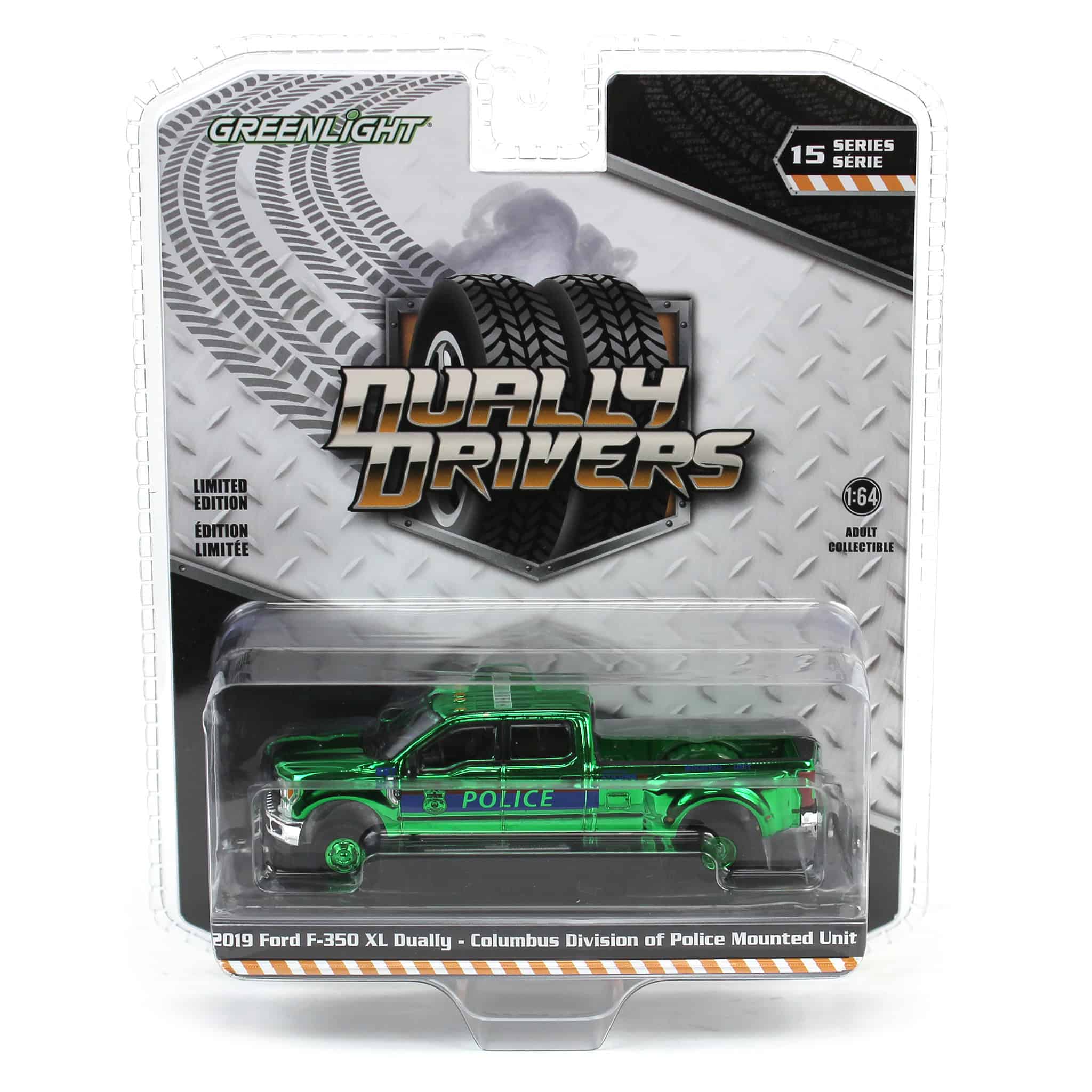 Green Chrome Super Chase ~ 1/64 2019 Ford F-350 XL Dually, Columbus Division of Police Mounted Unit, Dually Drivers Series 15