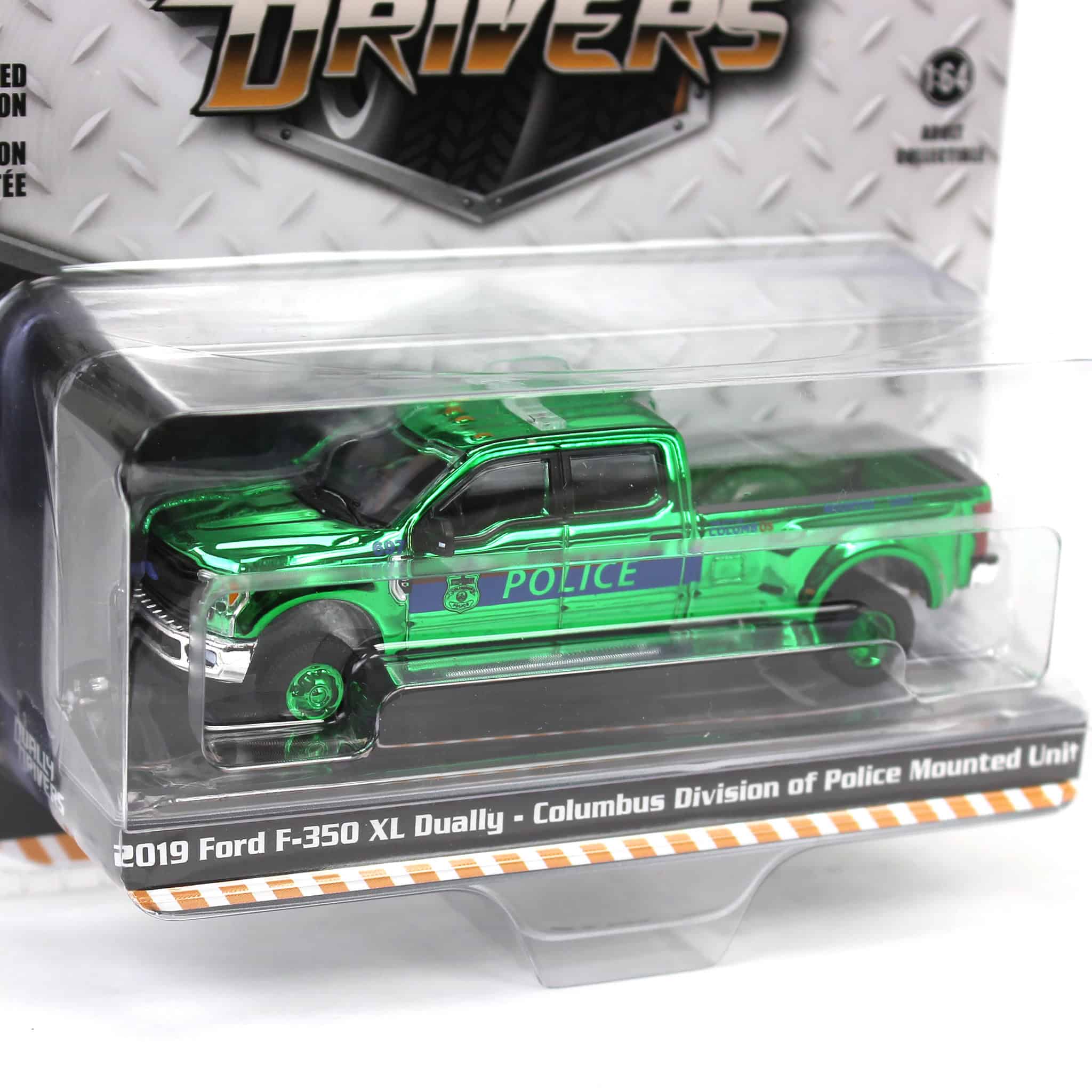 Green Chrome Super Chase ~ 1/64 2019 Ford F-350 XL Dually, Columbus Division of Police Mounted Unit, Dually Drivers Series 15 - Image 2