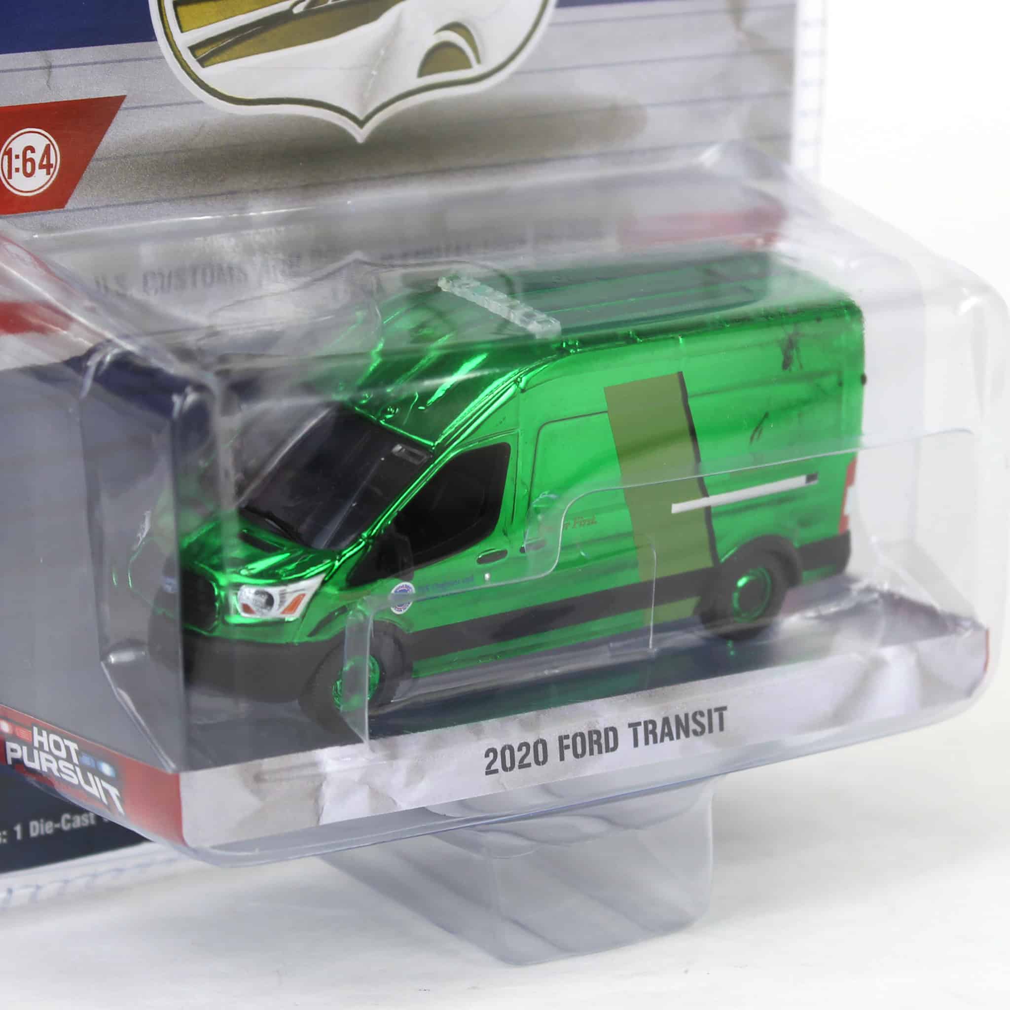 Green Chrome Super Chase ~ 1/64 2020 Ford Transit LWB High Roof, US Customs & Border Patrol, Hot Pursuit Special Edition - Image 2