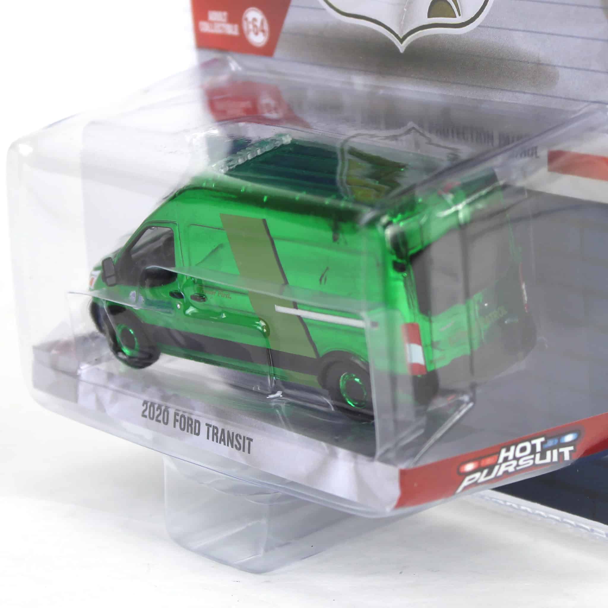 Green Chrome Super Chase ~ 1/64 2020 Ford Transit LWB High Roof, US Customs & Border Patrol, Hot Pursuit Special Edition - Image 3