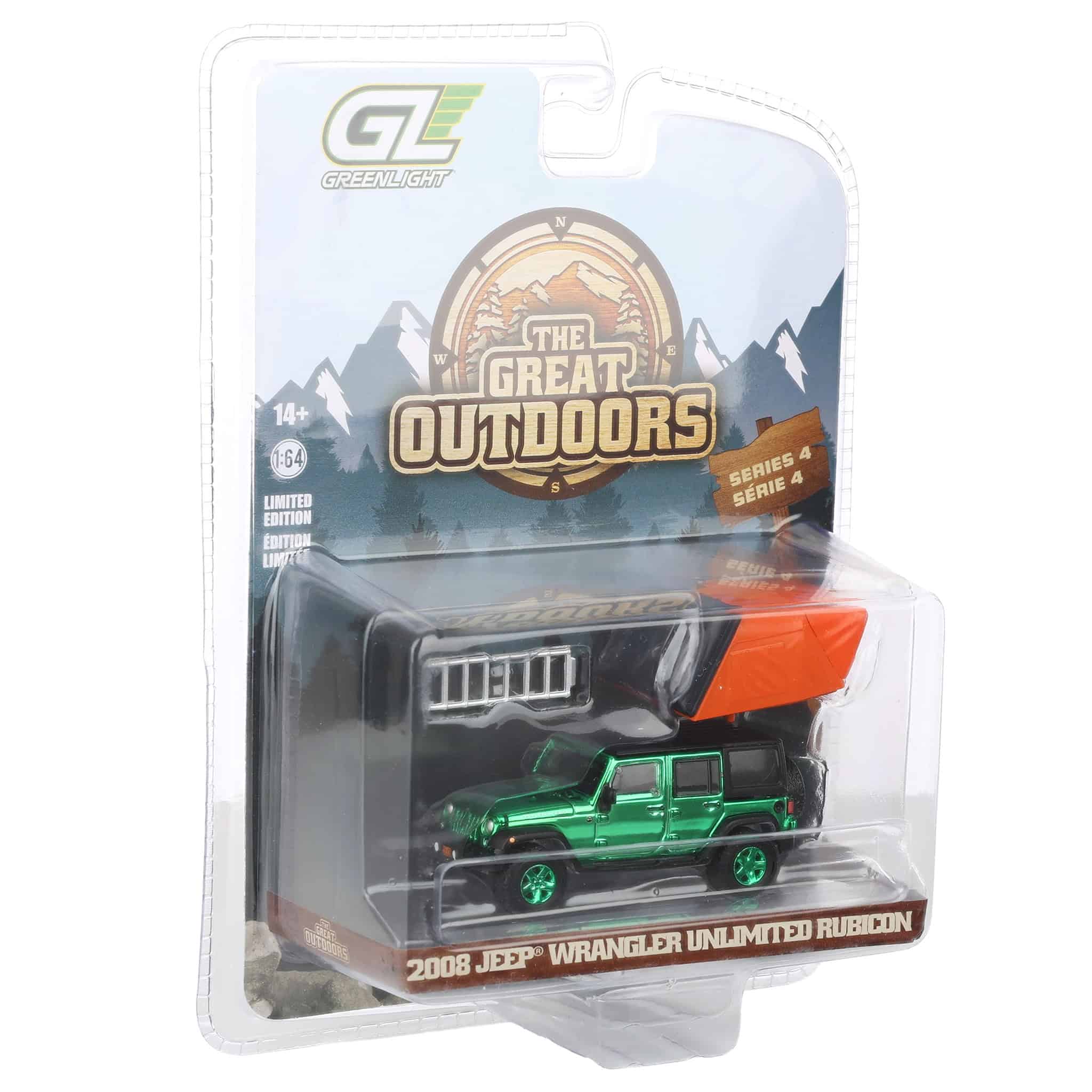 Green Chrome Super Chase Unit ~ 1/64 2008 Jeep Wrangler Unlimited Rubicon, Dark Charcoal with Modern Rooftop Camper, The Great Outdoors Series 4 - Image 2