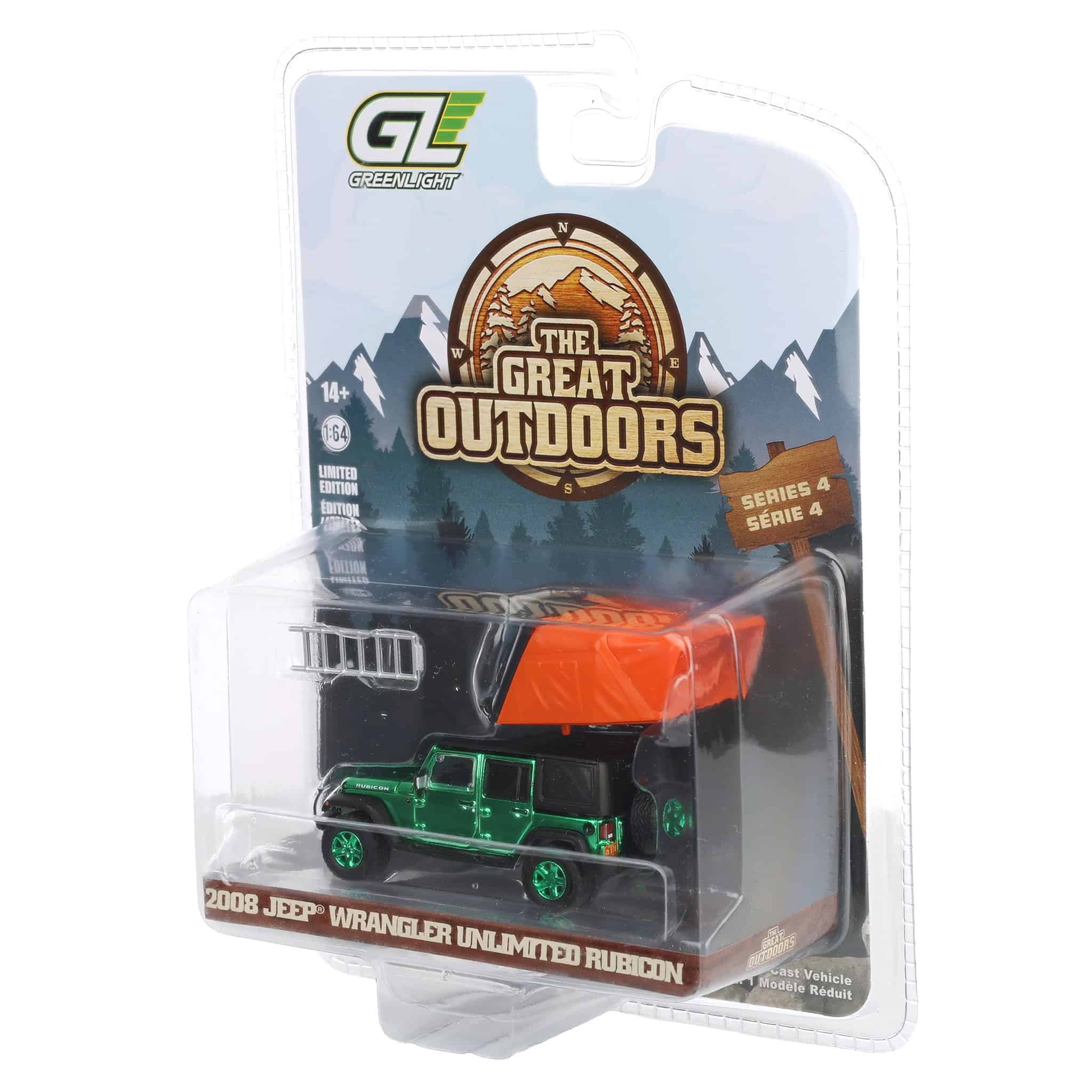 Green Chrome Super Chase Unit ~ 1/64 2008 Jeep Wrangler Unlimited Rubicon, Dark Charcoal with Modern Rooftop Camper, The Great Outdoors Series 4 - Image 3