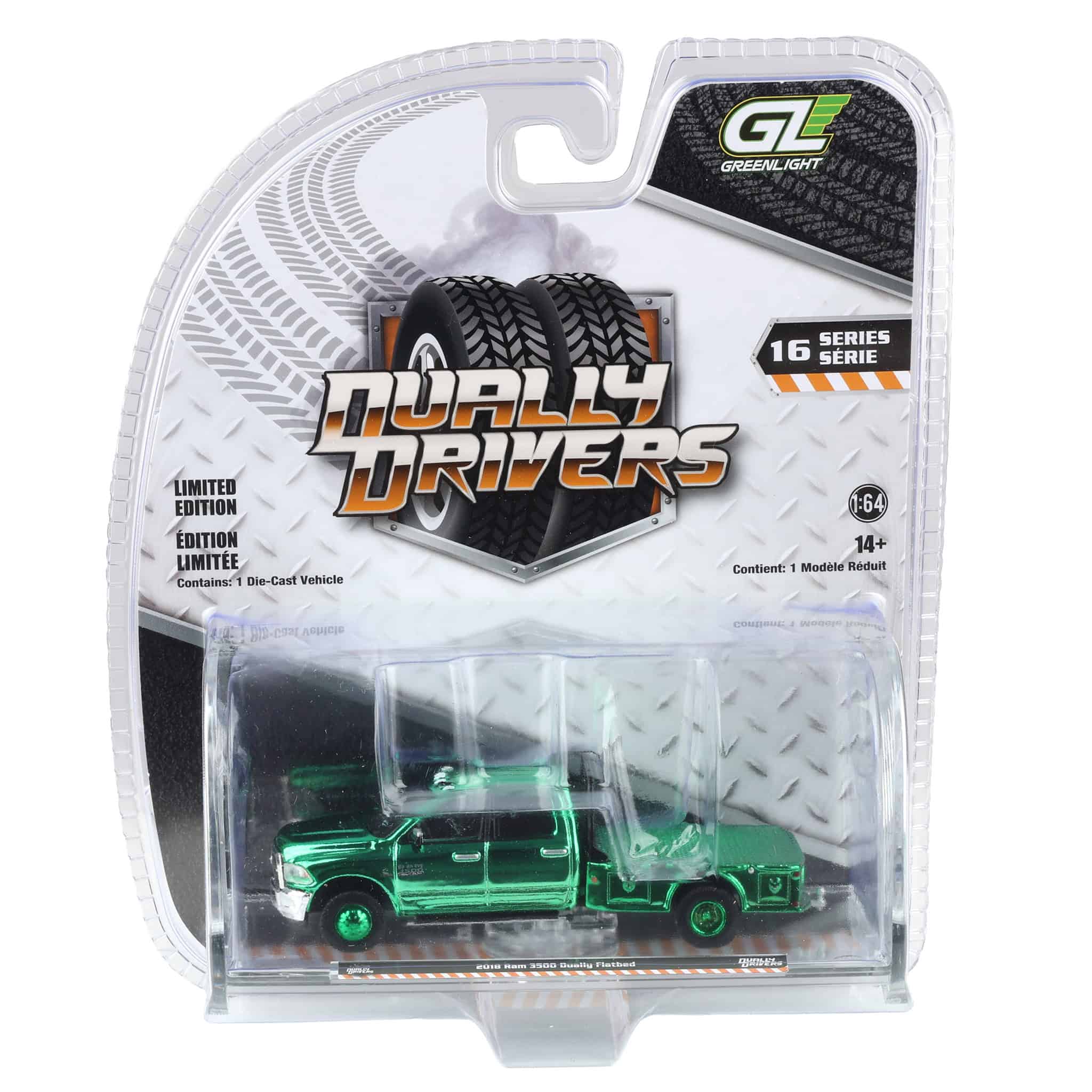 Green Chrome Super Chase Unit ~ 1/64 2018 Ram 3500 Dually Flatbed, Robin’s Egg Blue, Dually Drivers Series 16