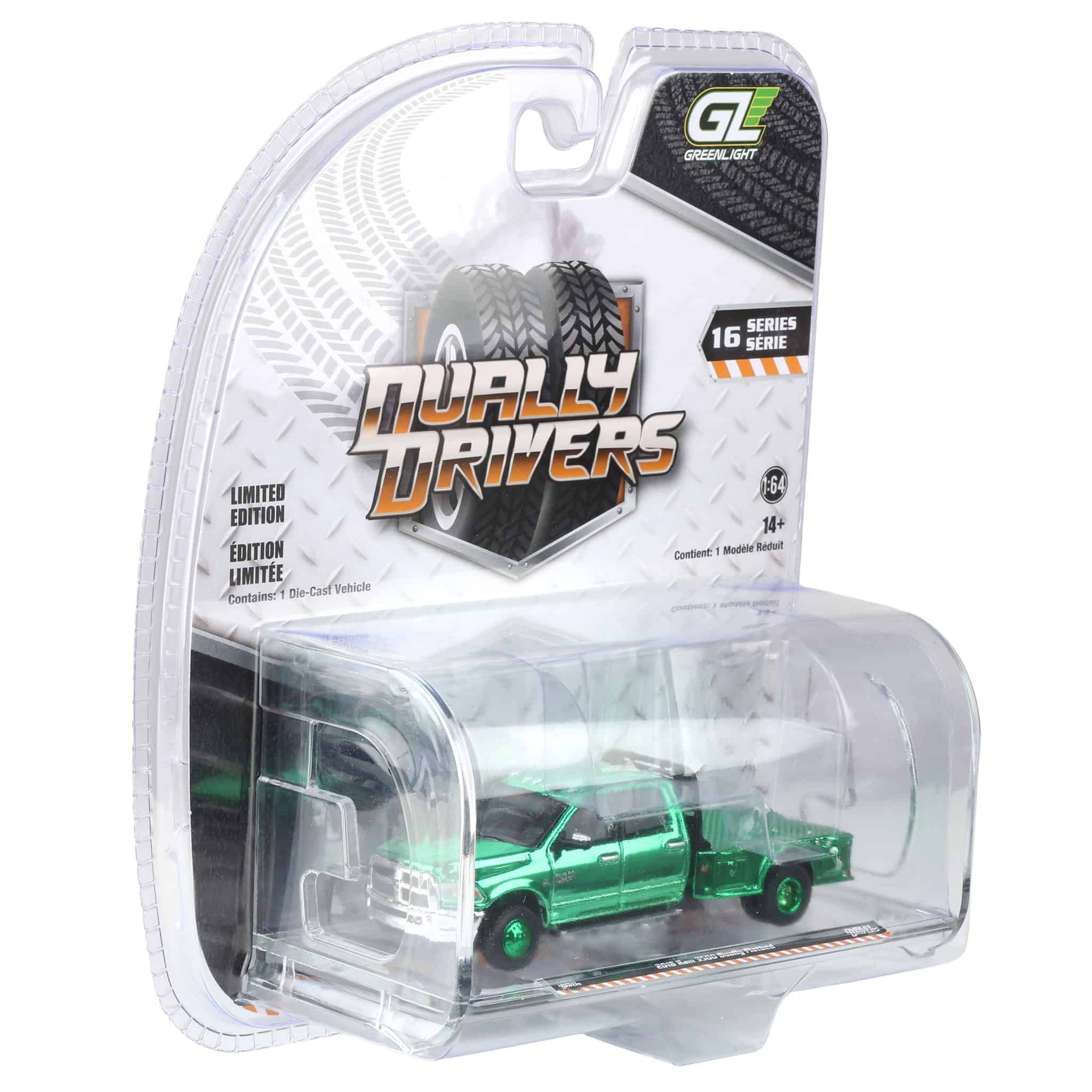 Green Chrome Super Chase Unit ~ 1/64 2018 Ram 3500 Dually Flatbed, Robin’s Egg Blue, Dually Drivers Series 16 - Image 2