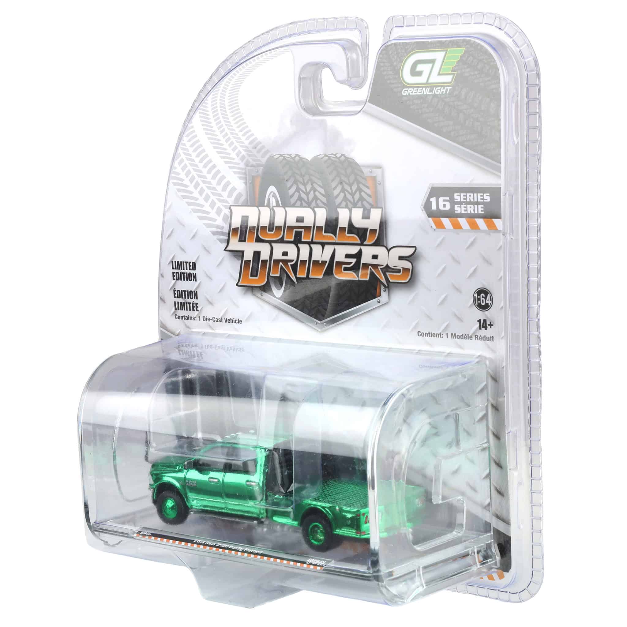 Green Chrome Super Chase Unit ~ 1/64 2018 Ram 3500 Dually Flatbed, Robin’s Egg Blue, Dually Drivers Series 16 - Image 3