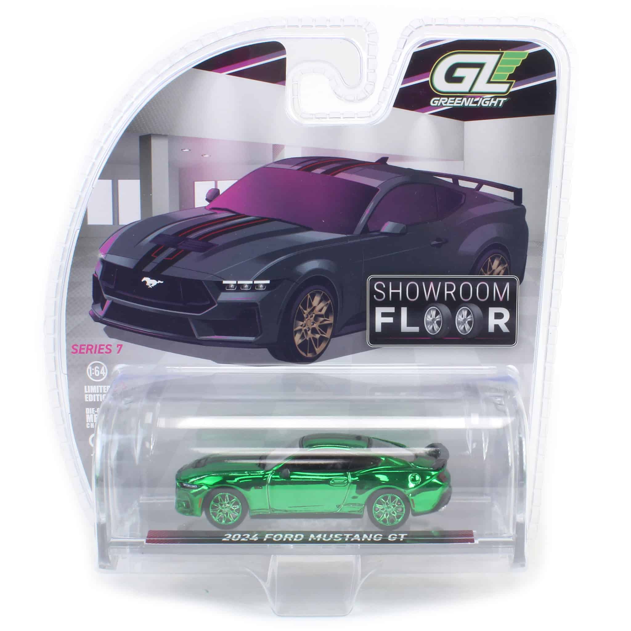 Green Color Chrome Chase ~ 1/64 2024 Ford Mustang GT in Dark Matter Gray with Bronze Appearance Package, Showroom Floor Series 7