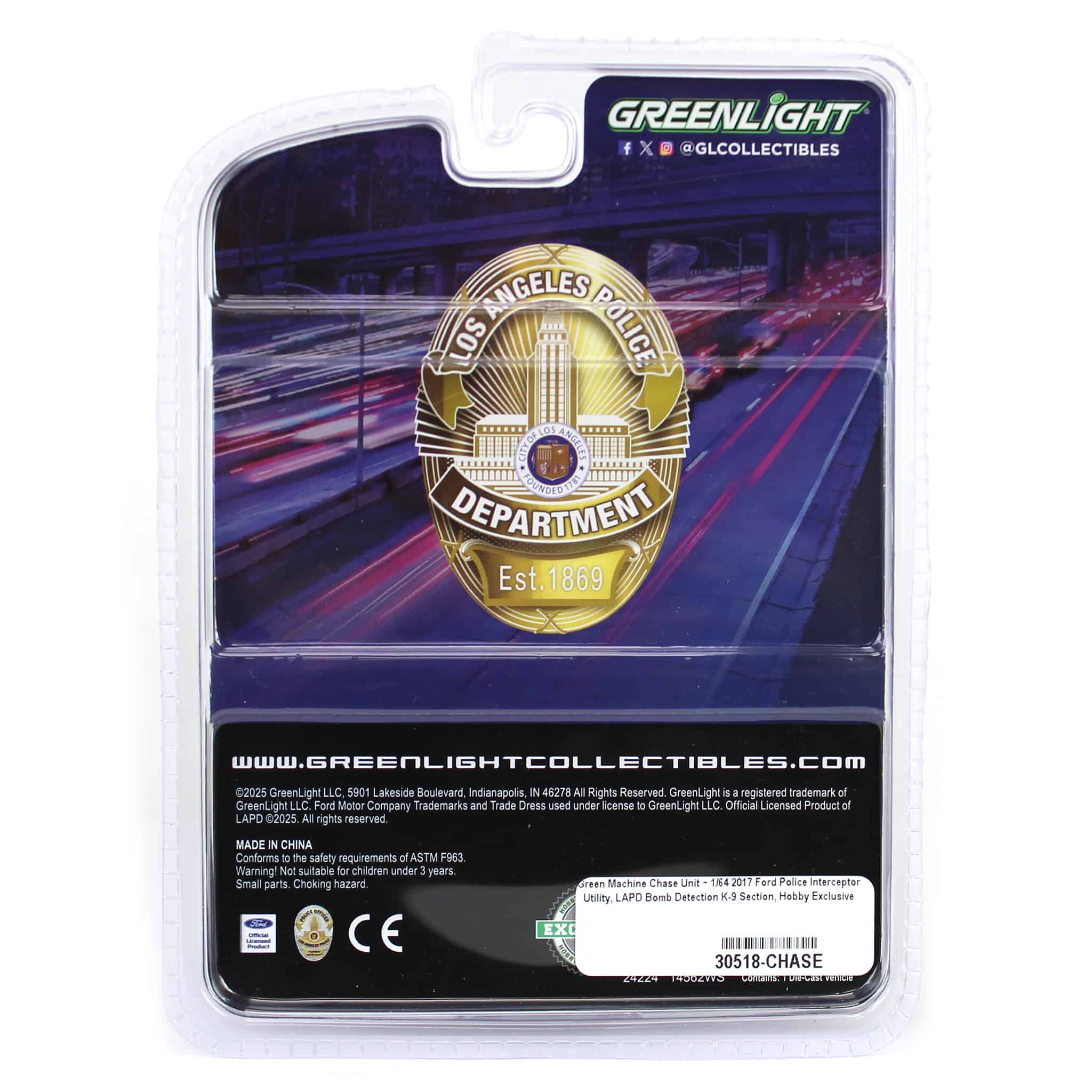 Green Machine Chase Unit ~ 1/64 2017 Ford Police Interceptor Utility, LAPD Bomb Detection K-9 Section, Hobby Exclusive - Image 3