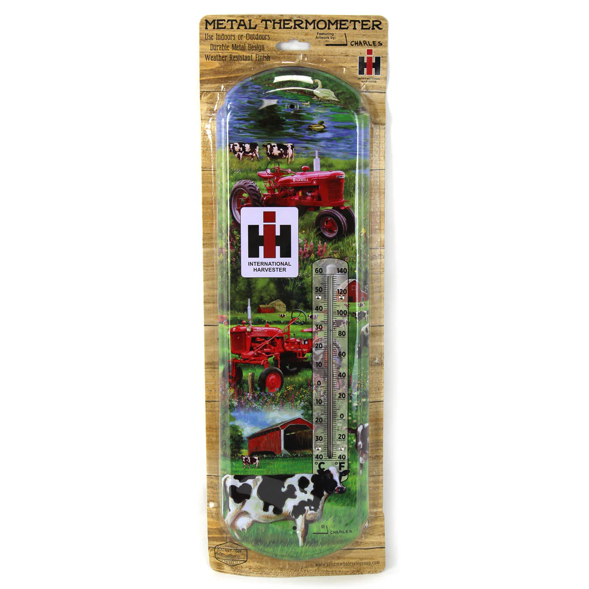 IH Farmall Metal Thermometer Featuring Cub & H Tractors in Farm Scene, 5.125in x 17.375in - Image 2