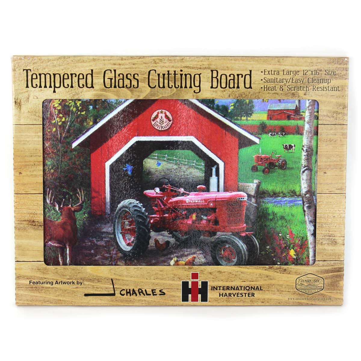 IH Farmall H Tractor with Covered Bridge Glass Cutting Board, 15.5in x 11.75in - Image 3