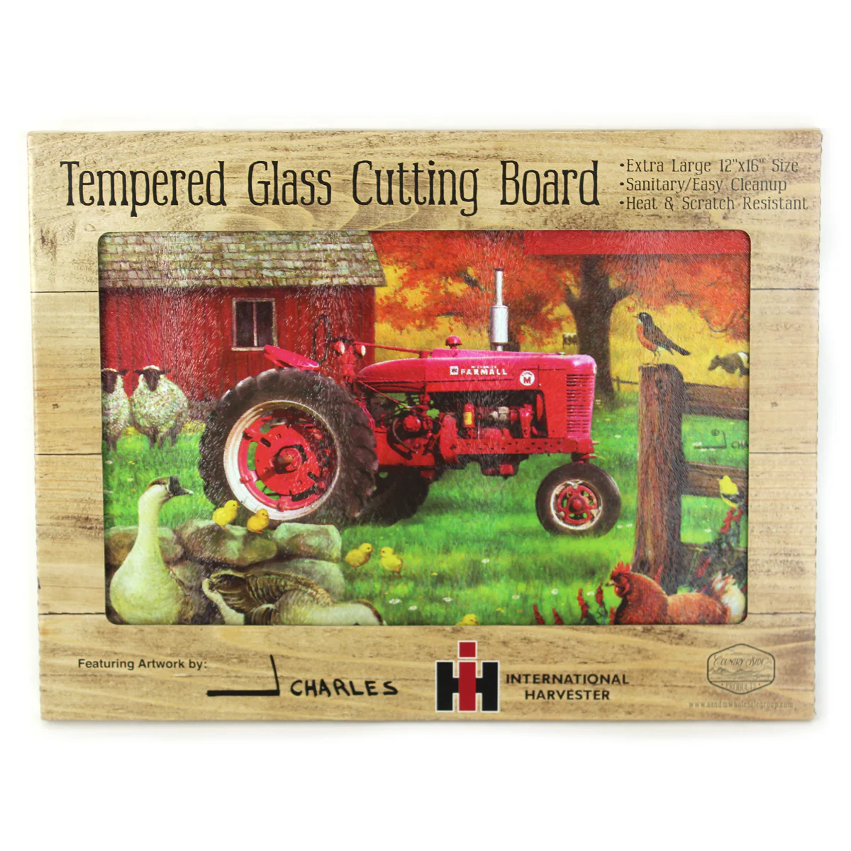 IH Farmall Super M Tractor with Animals Glass Cutting Board, 15.5in x 11.75in - Image 3