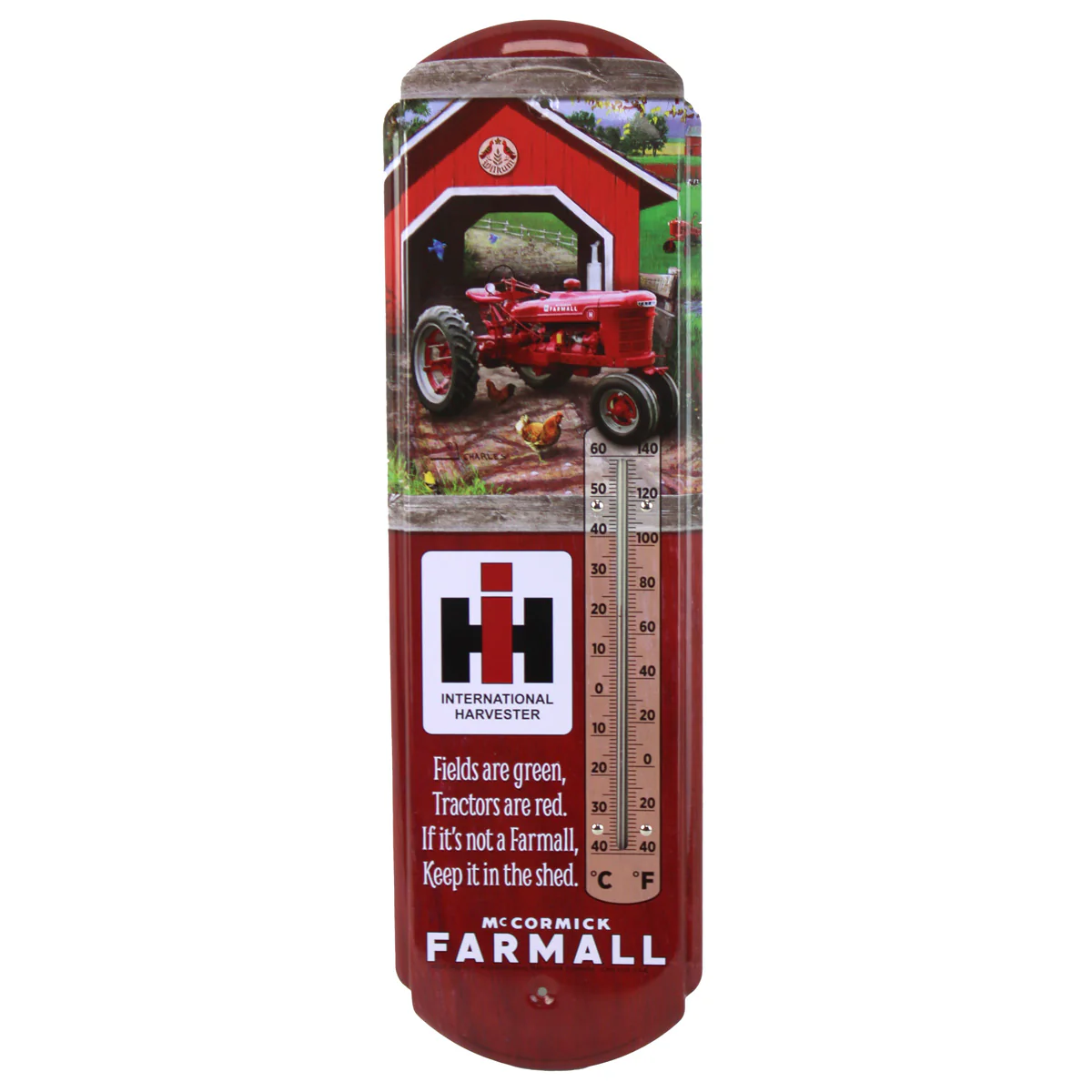 IH McCormick Farmall H Tractor Scene Metal Thermometer, 5.125in x 17.375in