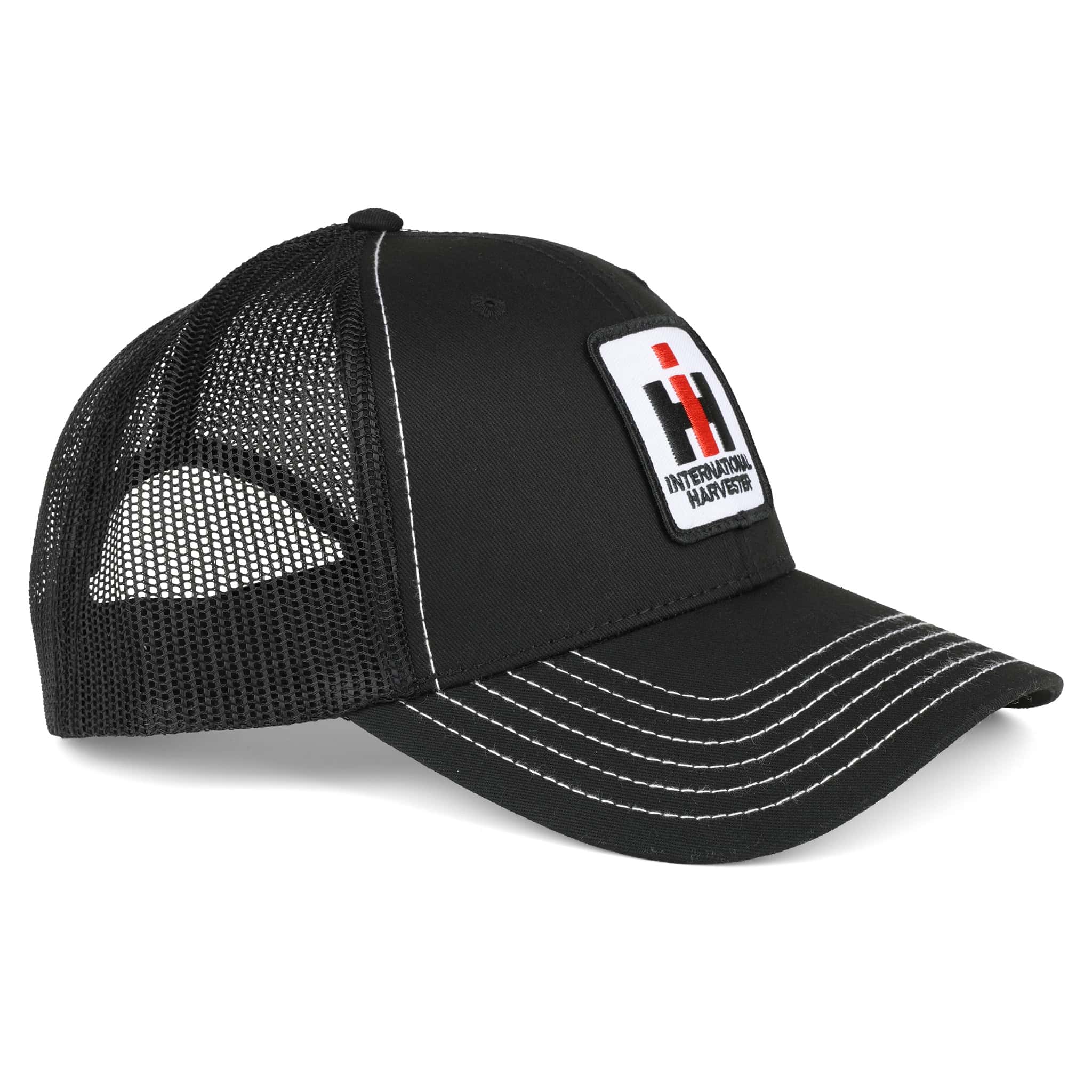 International Harvester Logo Black Mesh Back Hat with White Stitching - Image 2