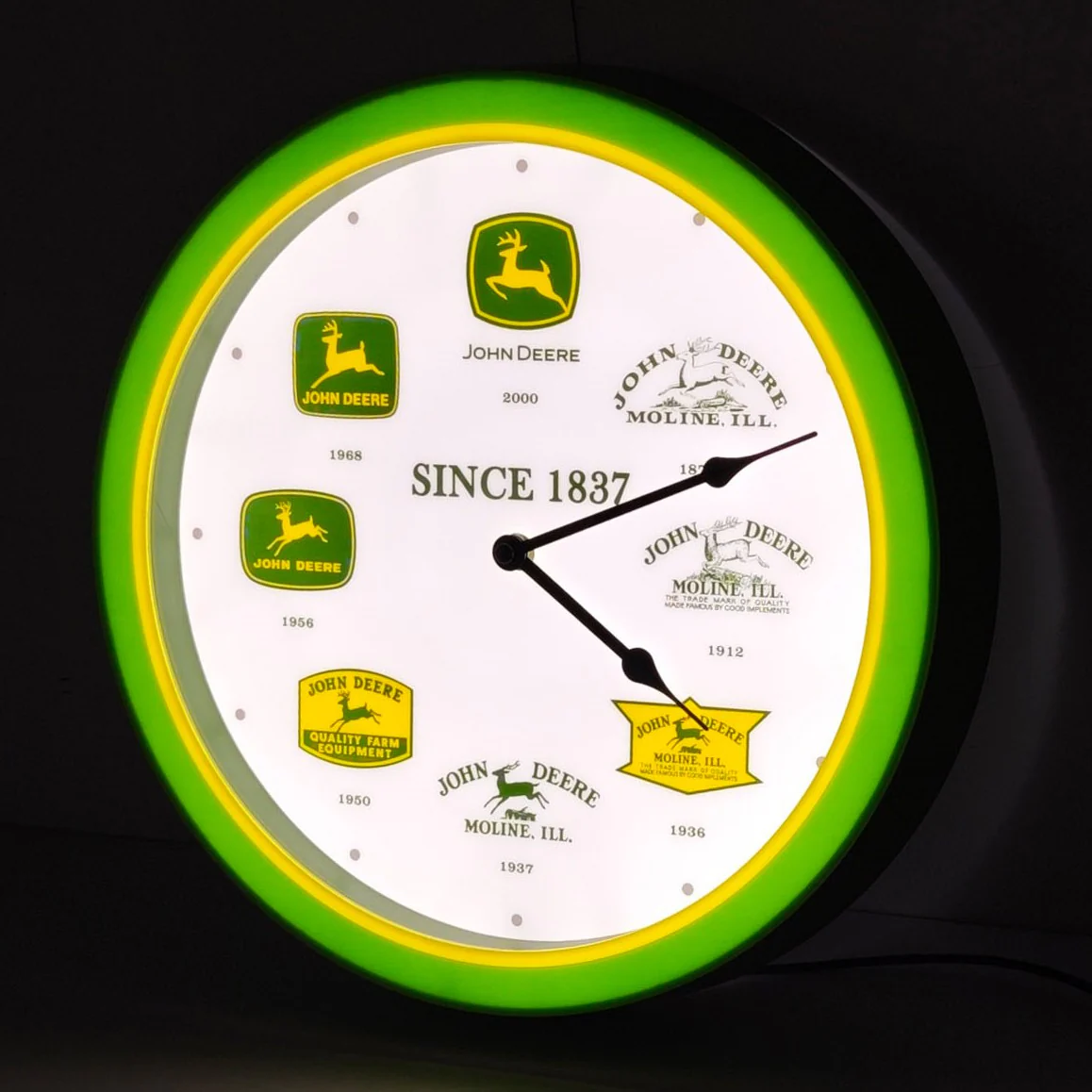John Deere Logo History LED Clock with Past & Present Logos, 14in Round - Image 2