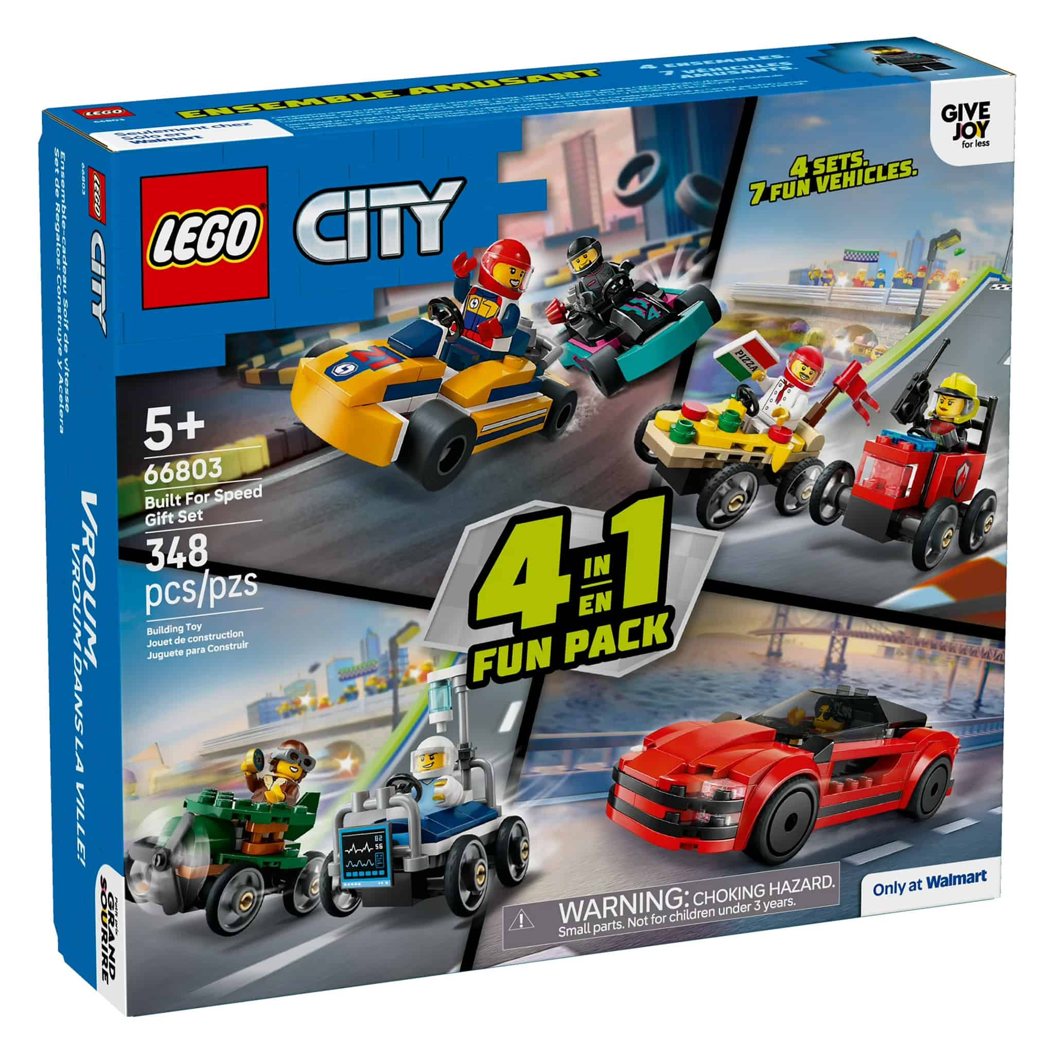 LEGO® City 4-in-1 Fun Pack, 348 Pieces: Go-Karts & Race Drivers, Red Sports Car, Pizza vs Fire Truck Race Car Pack, & Airplane vs Hospital Bed Race Car Pack