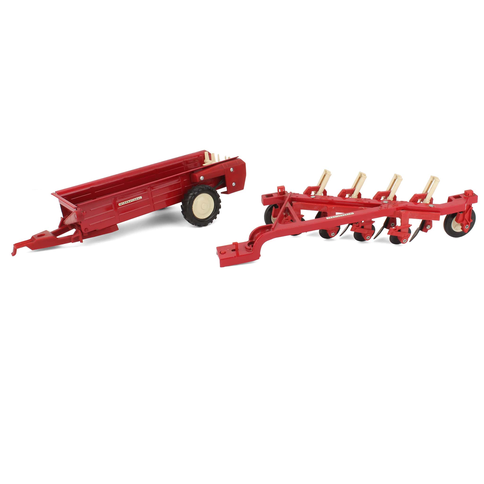 Lot of (1) 1/16 International Solid Manure Spreader and (1) 1/16 International 4-Bottom Plow