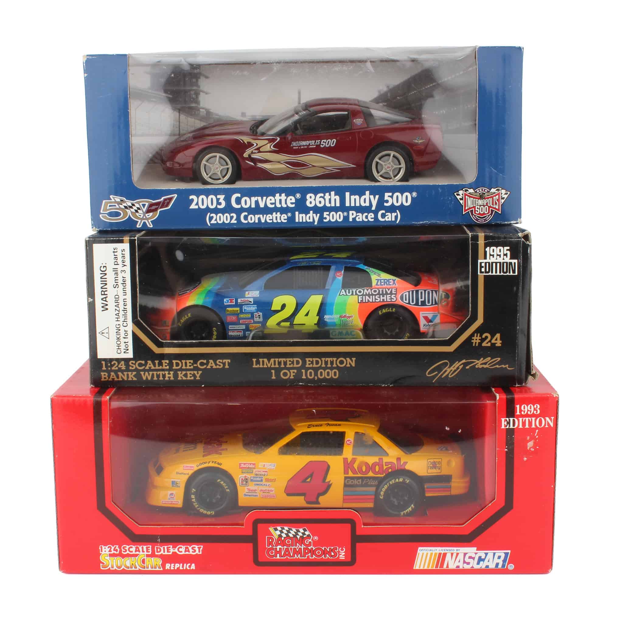 Lot of (1) 1/25 Corvette Pace Car, (1) 1/24 Ernie Irvan Stock Car, and (1) 1/24 Jeff Gordon Nascar Stock Car Bank