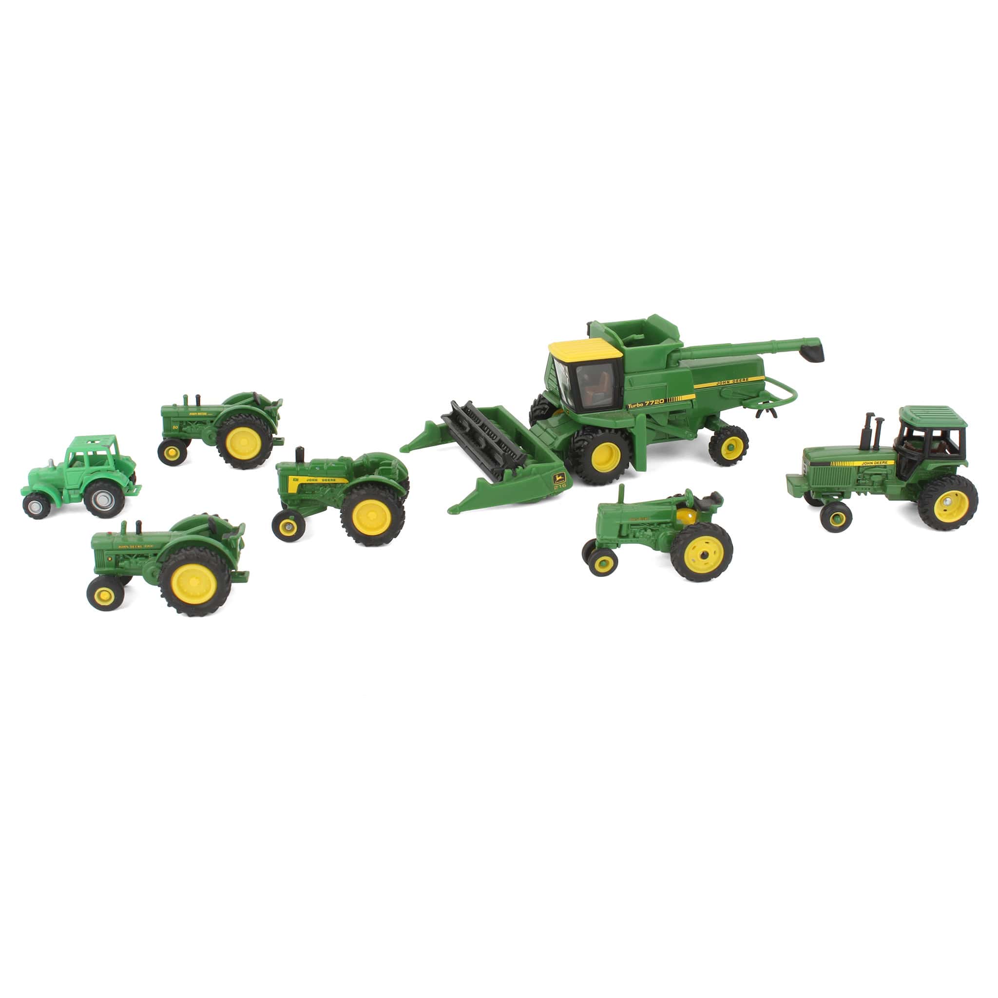 Lot of (1) 1/64 John Deere Combine, (5) 1/64 John Deere Tractors, and (1) Miscellanious Tractor