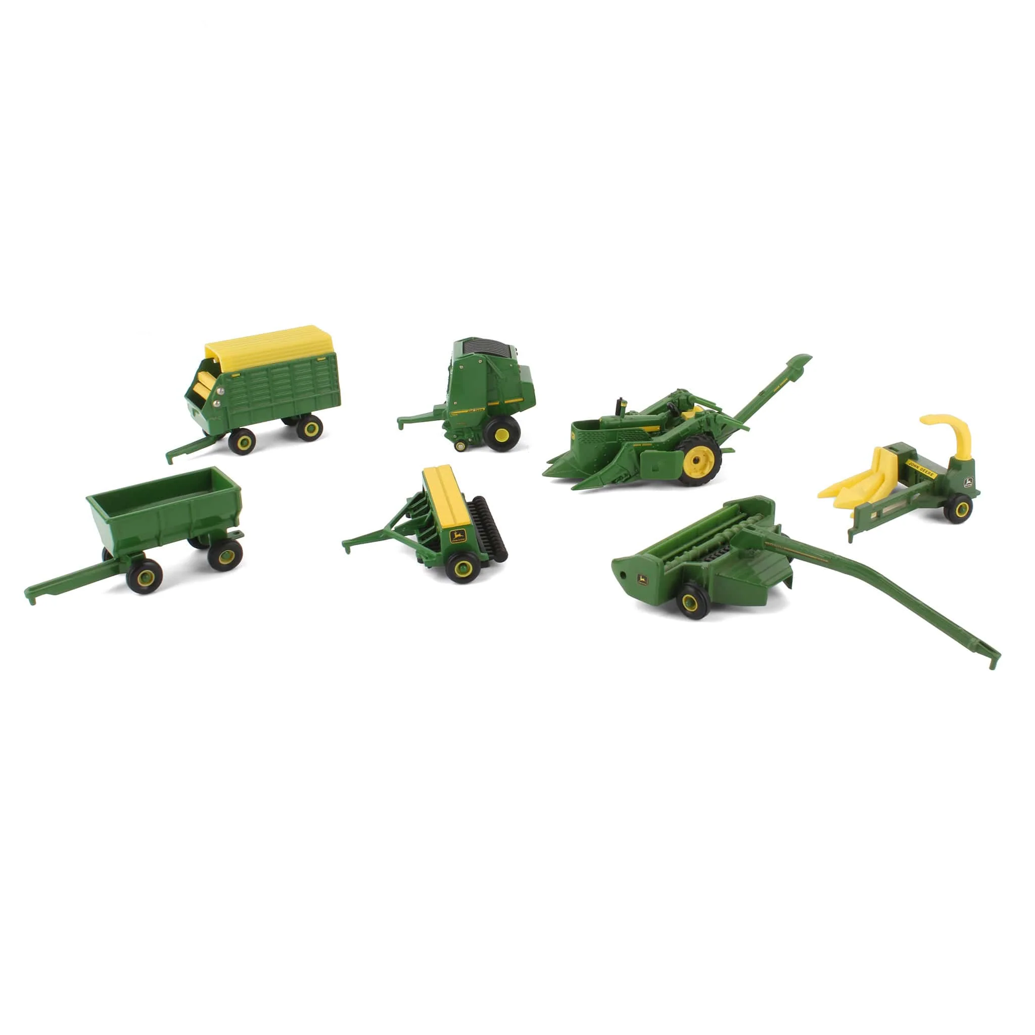 Lot of (1) 1/64 John Deere Tractor with (7) 1/64 John Deere Implements by ERTL