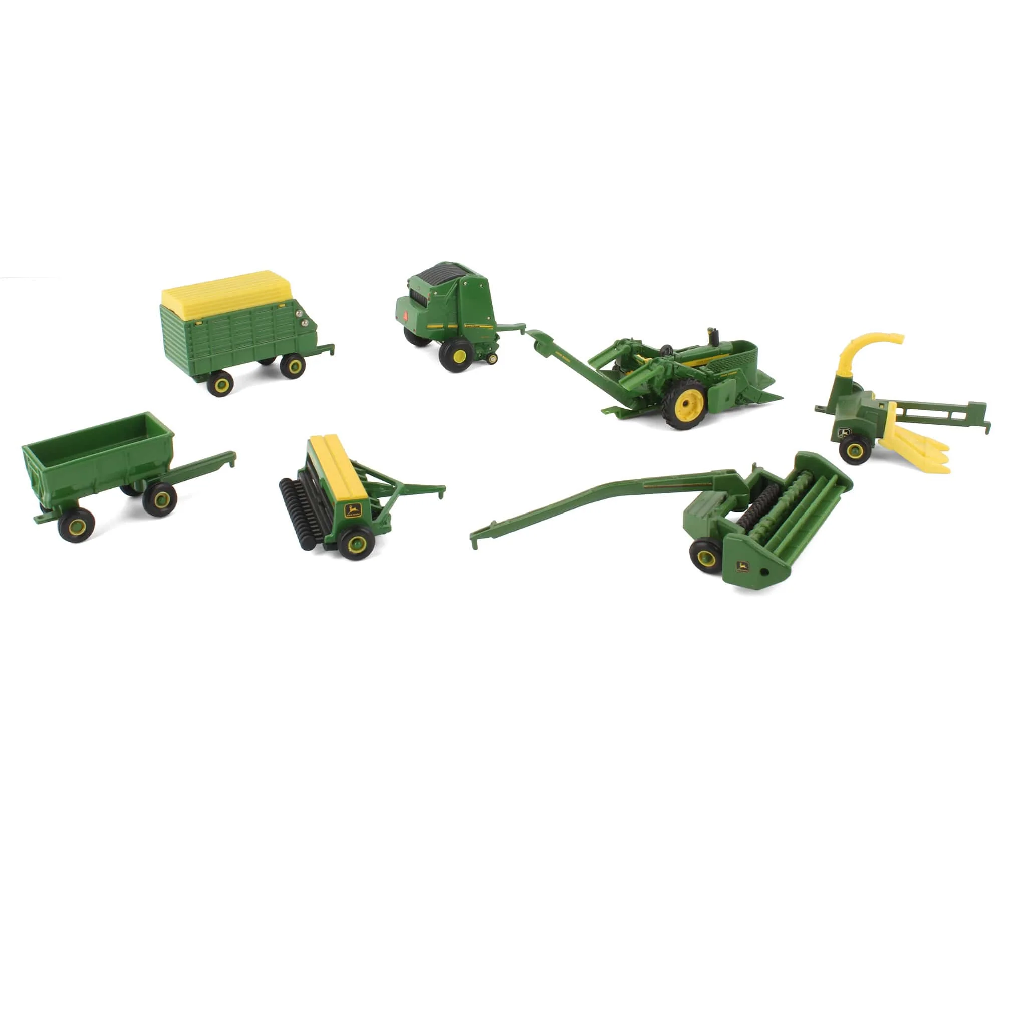 Lot of (1) 1/64 John Deere Tractor with (7) 1/64 John Deere Implements by ERTL - Image 2