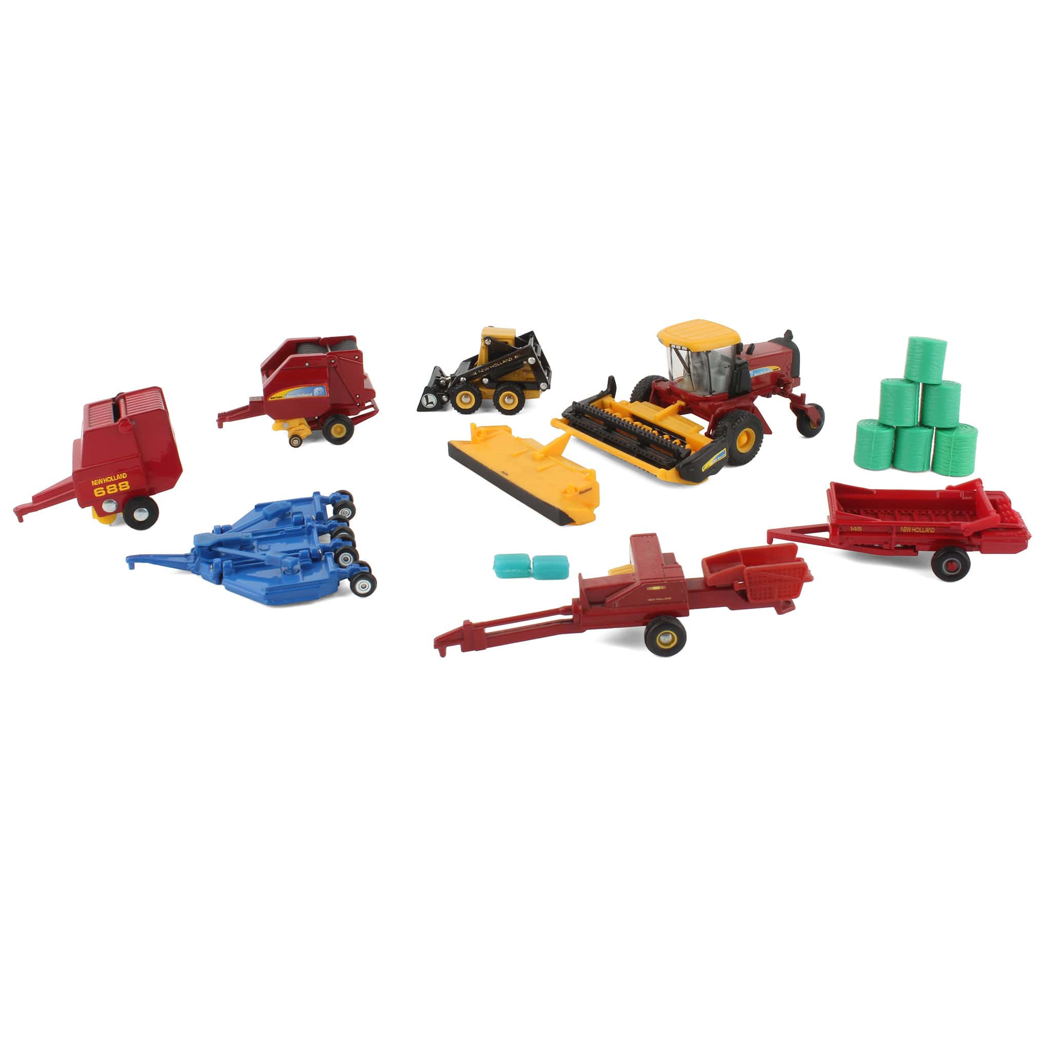 Lot of (1) 1/64 Windrower with Attachments, (1) 1/64 Skidloader, (5) Farm Implements, and (8) Bales by ERTL