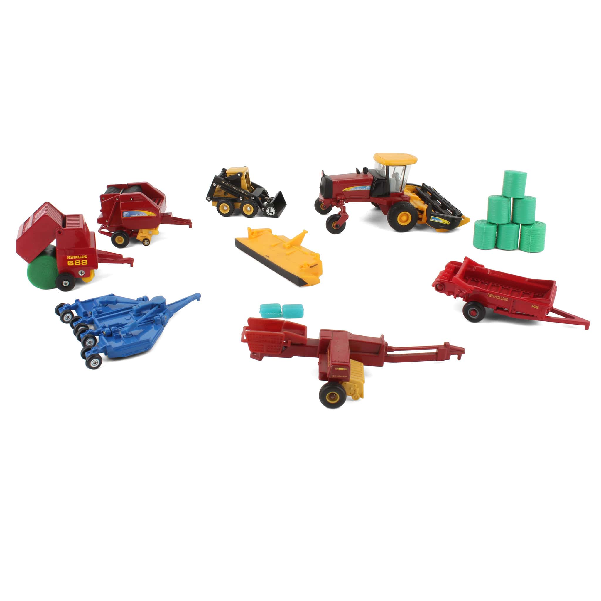 Lot of (1) 1/64 Windrower with Attachments, (1) 1/64 Skidloader, (5) Farm Implements, and (8) Bales by ERTL - Image 2