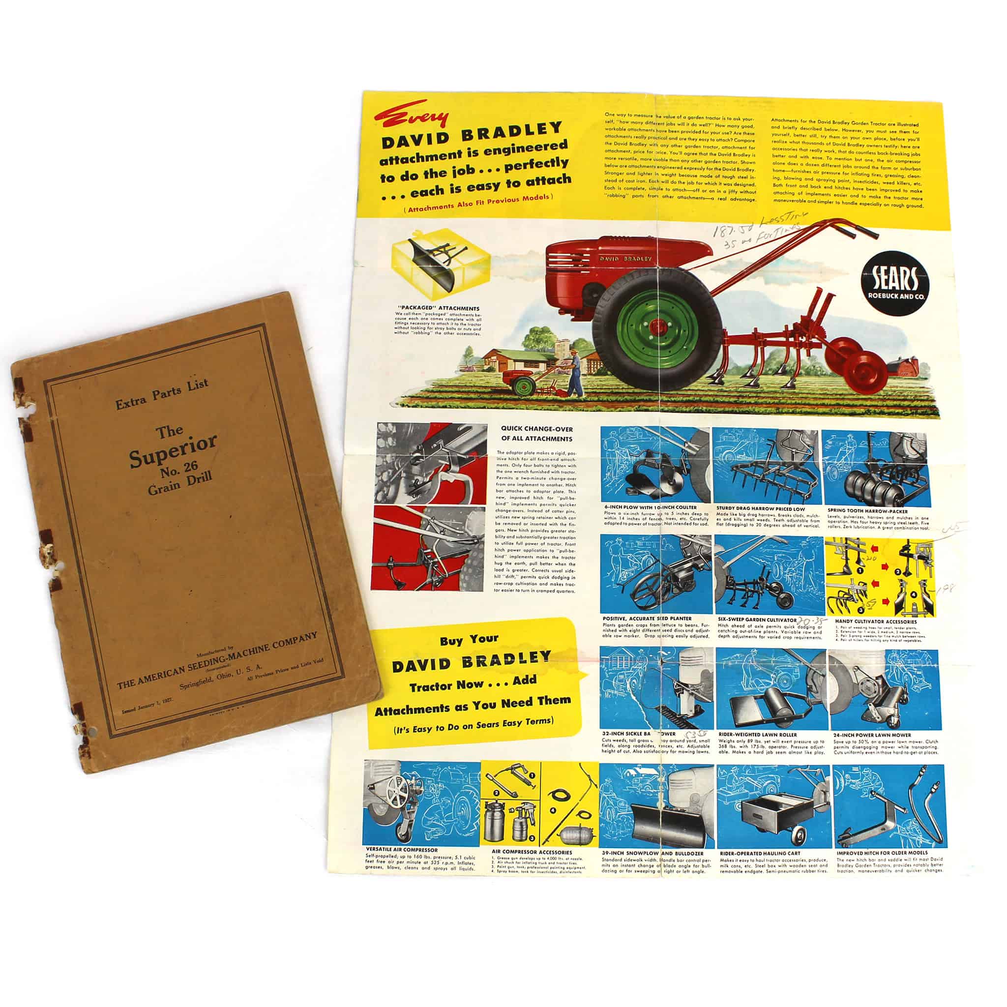 Lot of (1) The Superior No. 26 Grain Drill Extra Parts List and (1) David Bradley Garden Tractor Sales Brochure