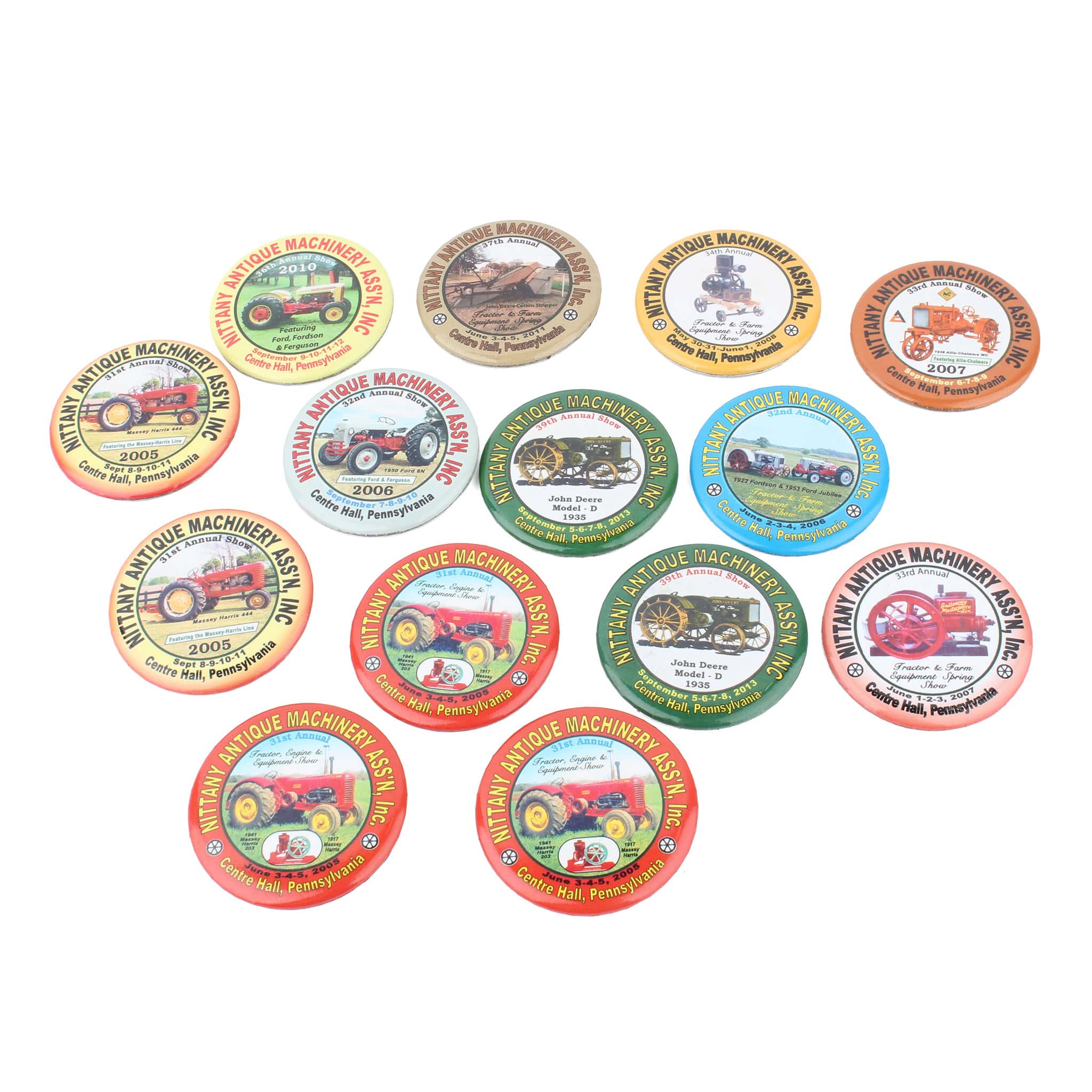 Lot of (14) Nittany Antique Machinery Association Buttons from 2005 - 2013 by Great World