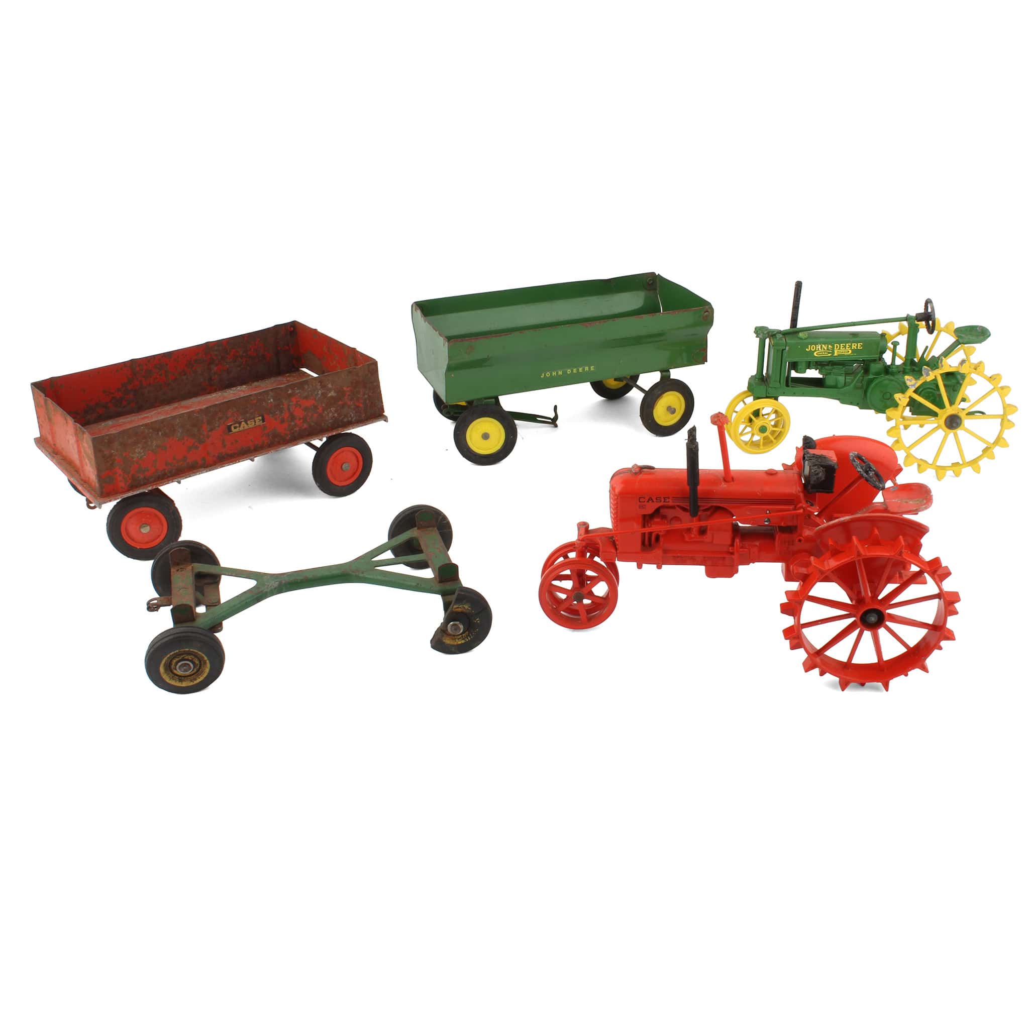 Lot of (2) 1/16 Tractors, (2) 1/16 Barge Wagons and (1) Wagon Frame