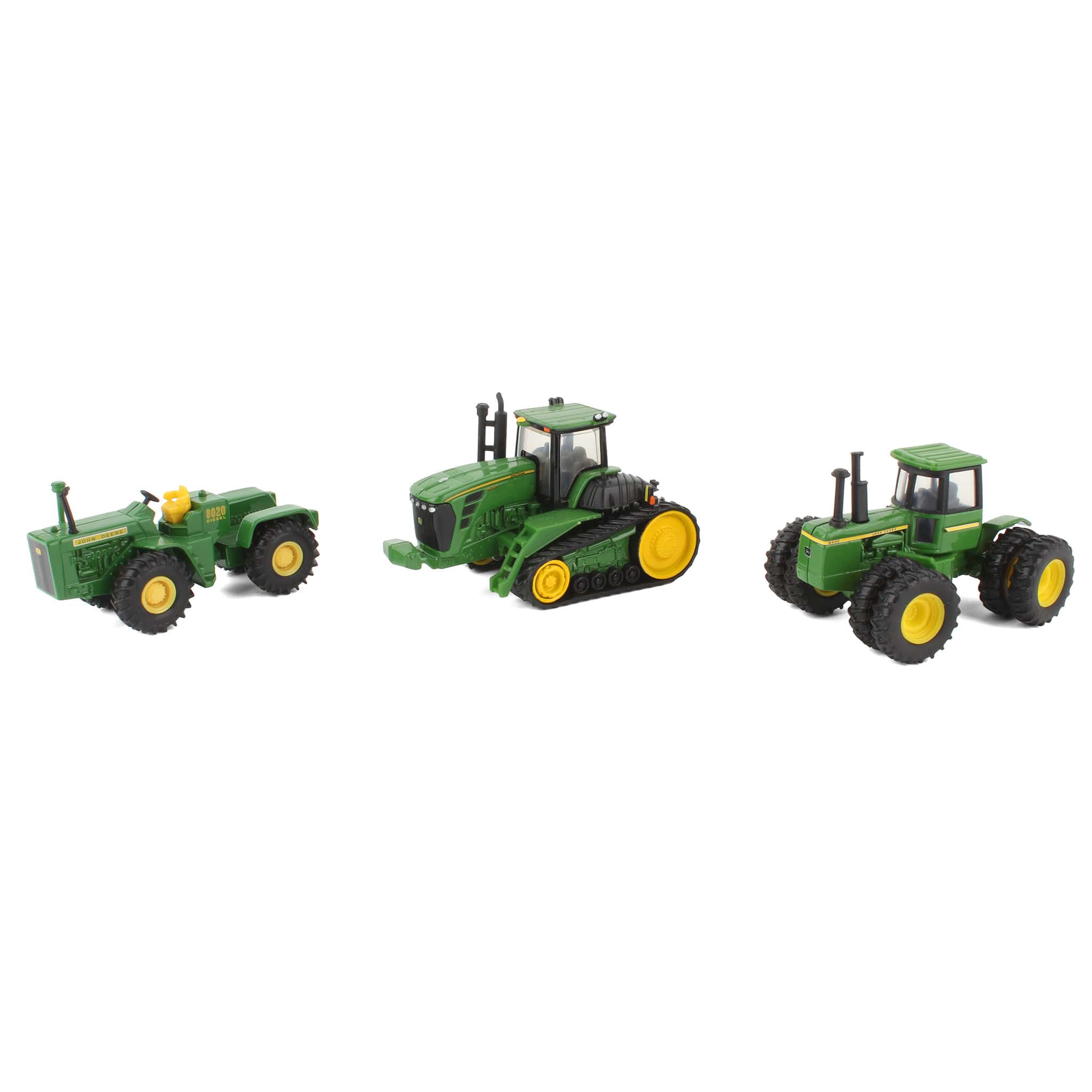 Lot of (2) 1/64 John Deere Tractors on Wheels and (1) 1/64 John Deere Tractor on Tracks by ERTL