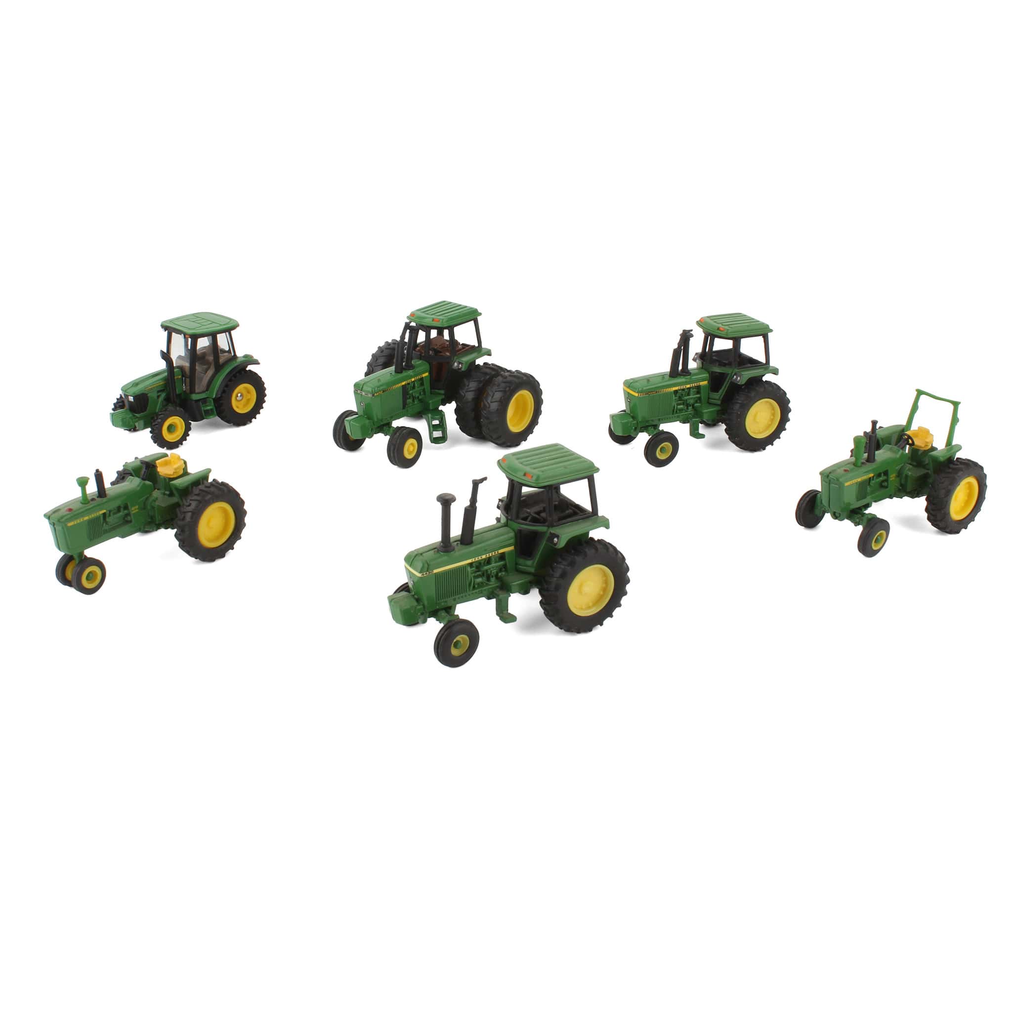 Lot of (2) 1/64 John Deere Tractors without Cabs and (4) 1/64 John Deere Tractors with Cabs by ERTL