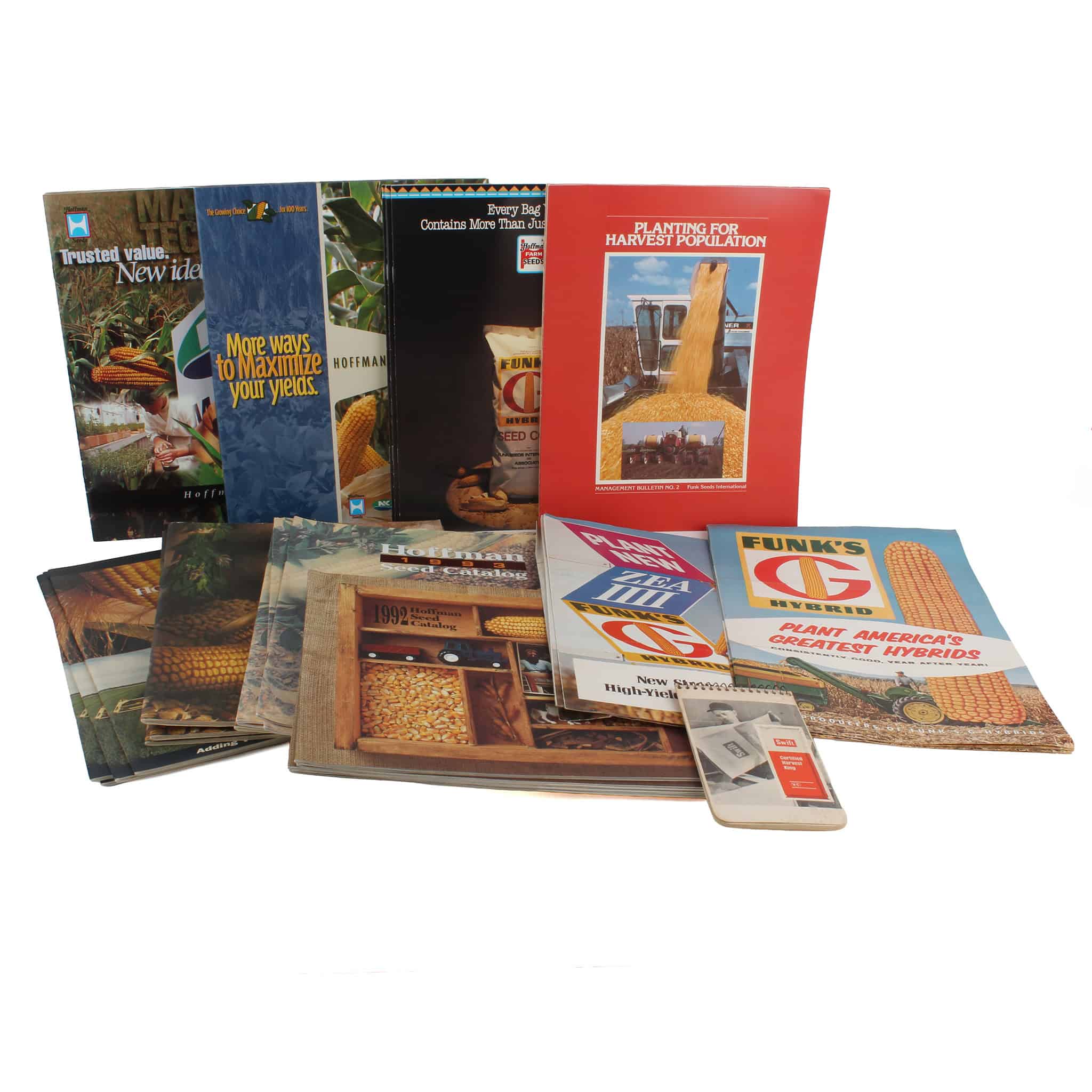 Lot of (23) Hoffman Seed Catalogs, (12) Funk's G Hybrid Information and Sales Pamphlets, (4) Planting Harvest Population Management Bulletin, and (1) Swift Notepad