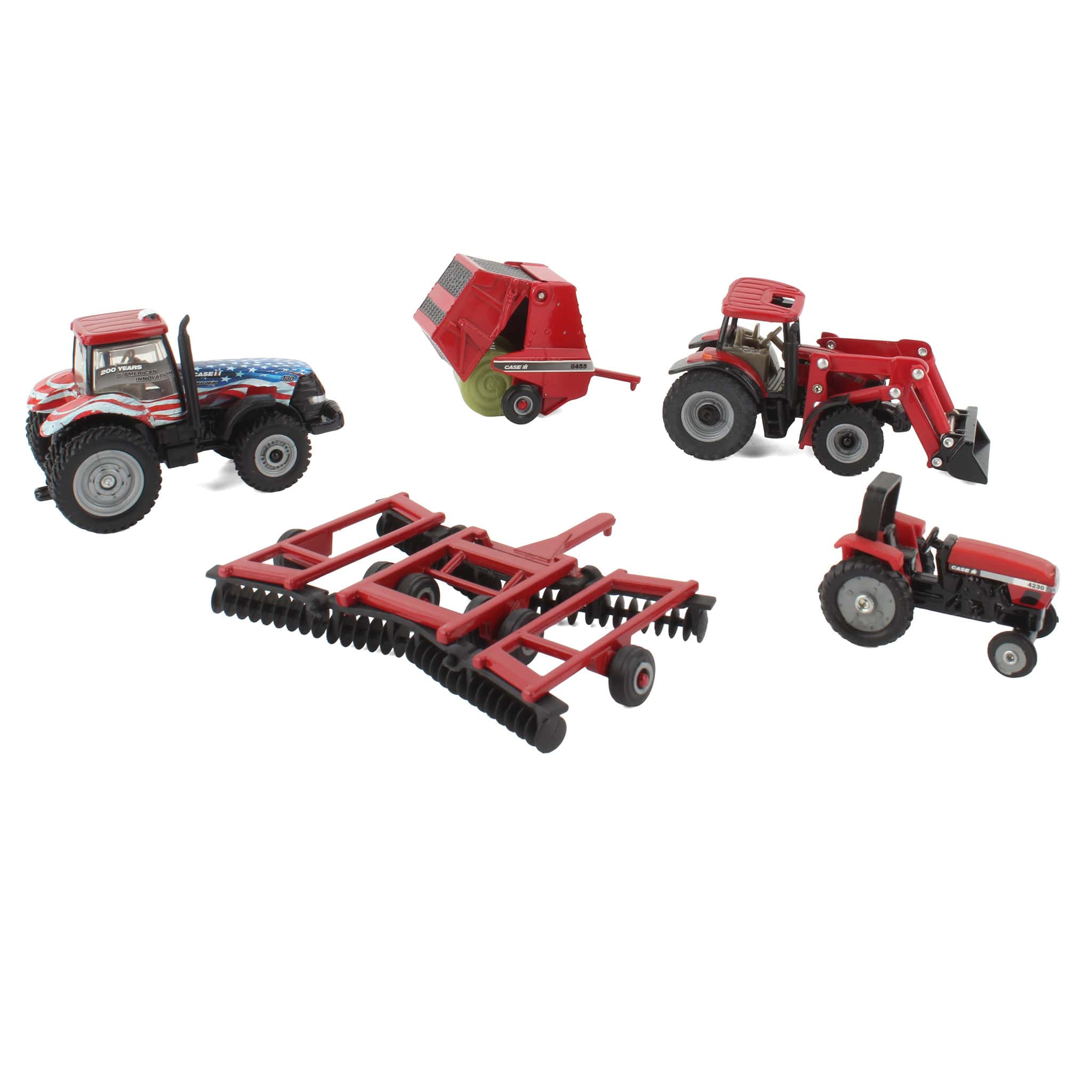 Lot of (3) 1/64 Case IH Tractors, (1) 1/64 Folding Wing Disc, and (1) Case IH Round Baler by ERTL - Image 2