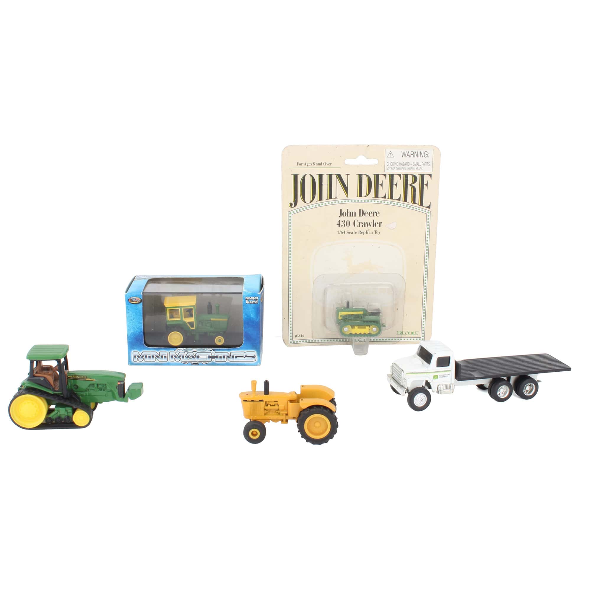 Lot of (3) 1/64 John Deere Tractors, (1) 1/64 John Deere Crawler, and (1) 1/64 John Deere Flatbed Truck