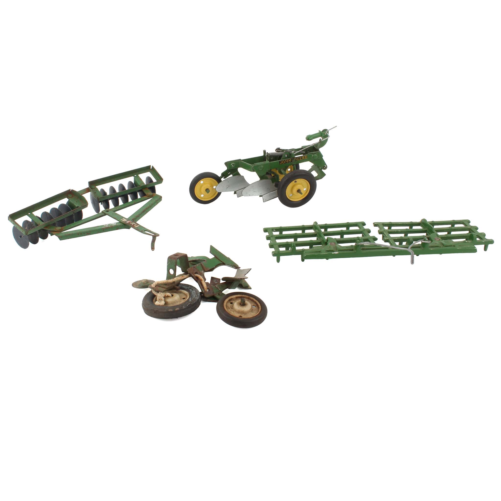 Lot of (3) Farm Implements Including Tru Scale Disc, Slik Double Drag Rake and Eska John Deere Plow and (1) Set of Plow Pieces