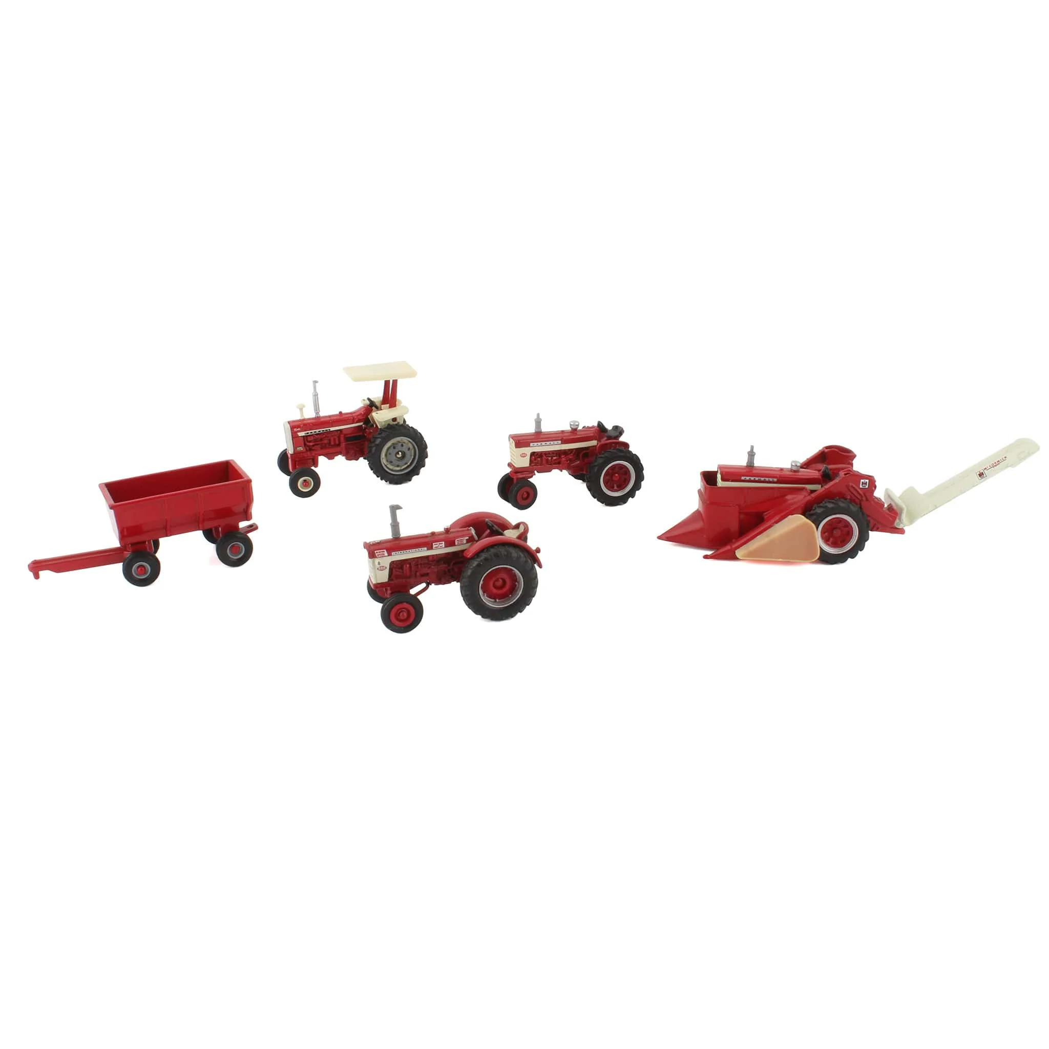 Lot of (3) Farmall Tractors, (1) 1/64 International Tractor, (1) 1/64 Mounted Picker, and (1) Barge Wagon by ERTL - Image 3