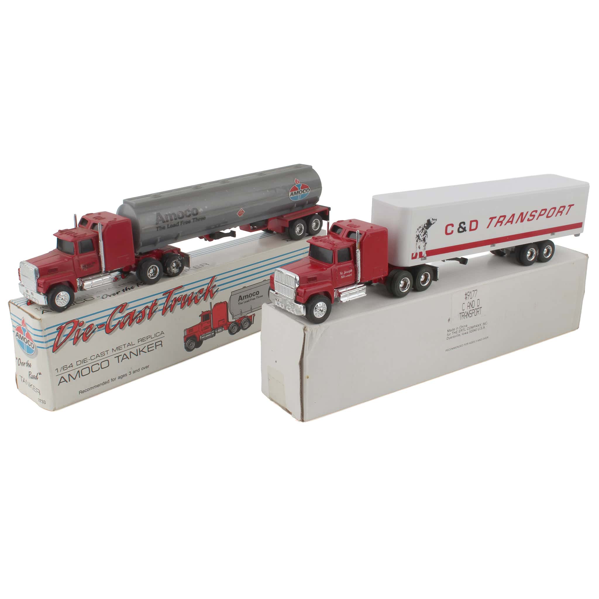 Lot of (4) 1/64 Transport Semis with Box Trailers and (1) 1/64 Corporate Semi with Tanker Trailer by ERTL - Image 2
