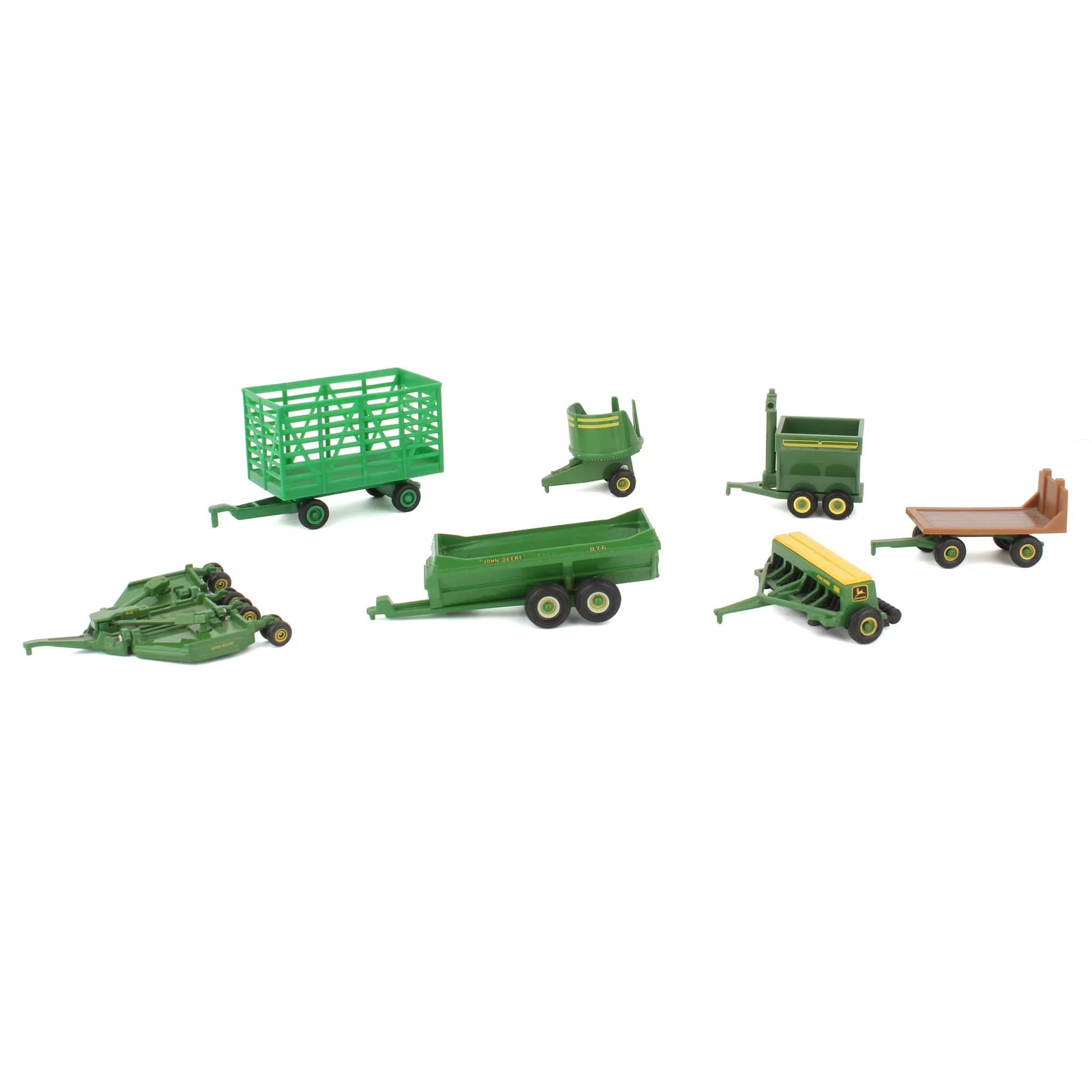 Lot of (5) 1/64 Farming Implements by ERTL, (1) 1/64 Grain Cart by Mini Toys, and (1) 1/64 Wagon by Maisto