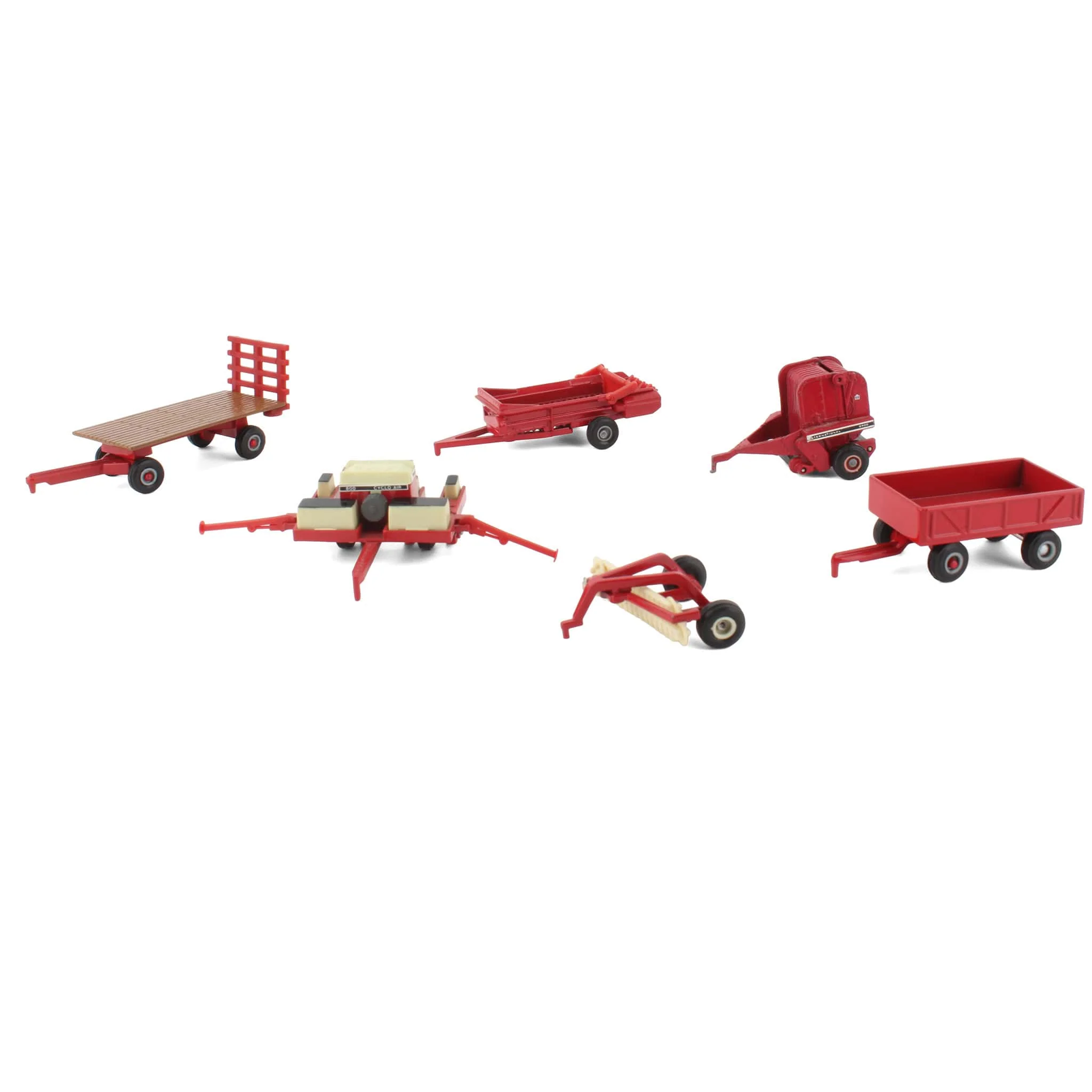 Lot of (6) 1/64 Red Farm Wagons and Other Implements by ERTL