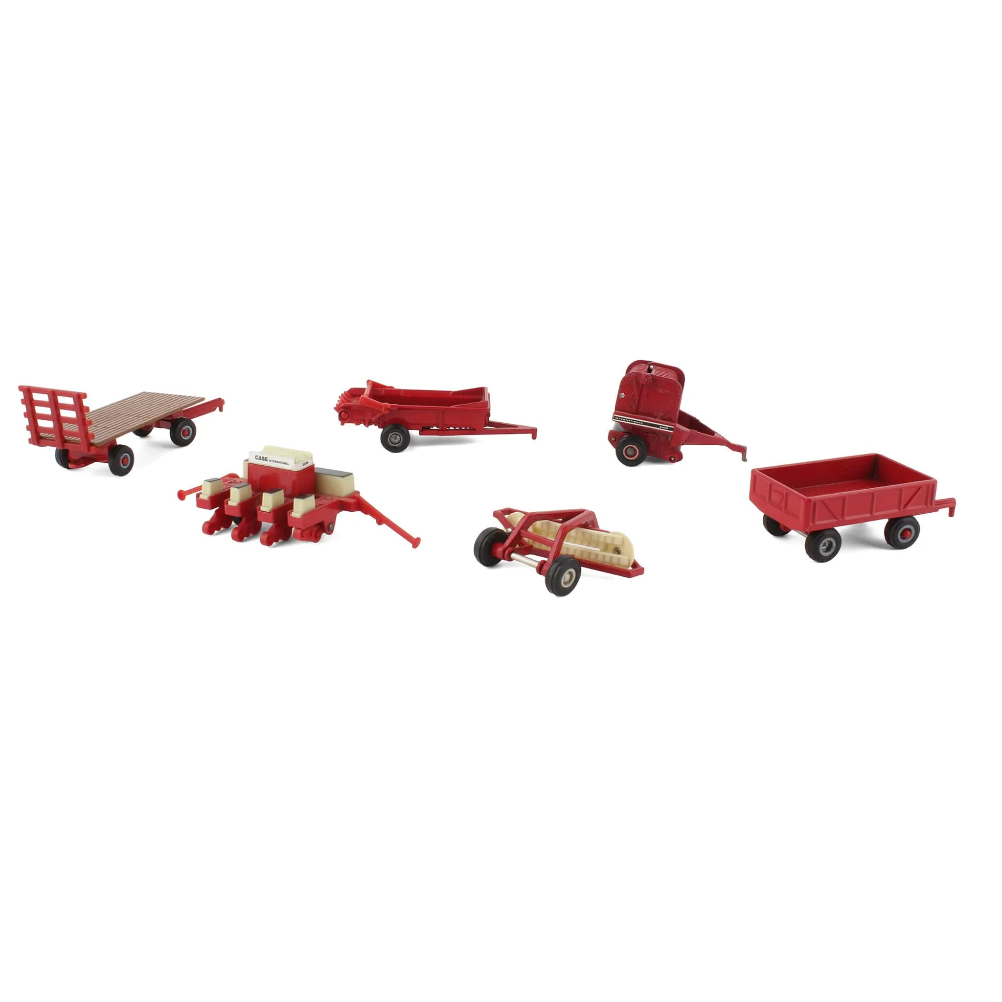 Lot of (6) 1/64 Red Farm Wagons and Other Implements by ERTL - Image 2