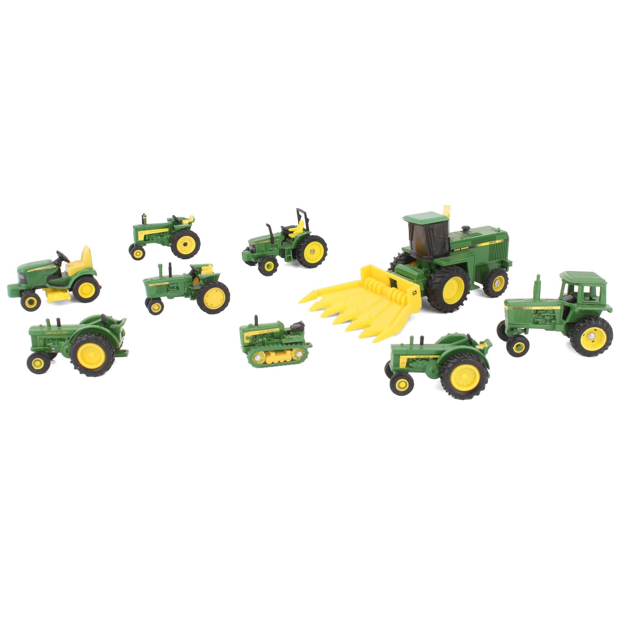 Lot of (7) 1/64 John Deere Tractors, (1) 1/64 John Deere Crawler, and (1) 1/64 John Deere Combine with Header