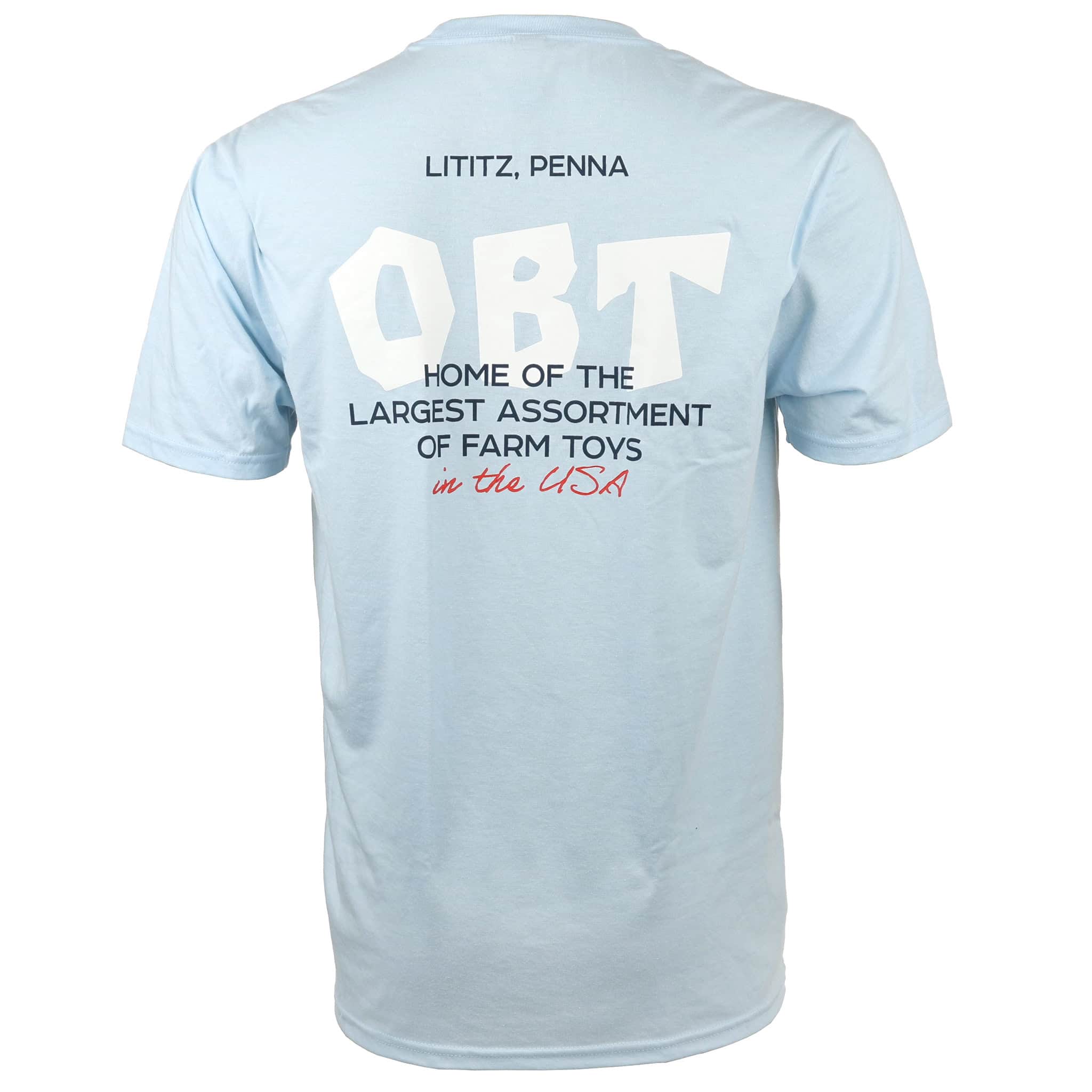 Men's Outback Toys T-Shirt, Blue "Home of the Largest Assortment of Farm Toys"