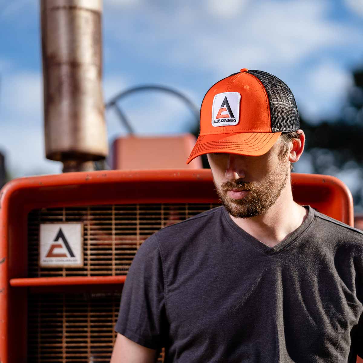 Modern Allis Chalmers Logo Black & Orange Mesh Back Hat - Image 4
